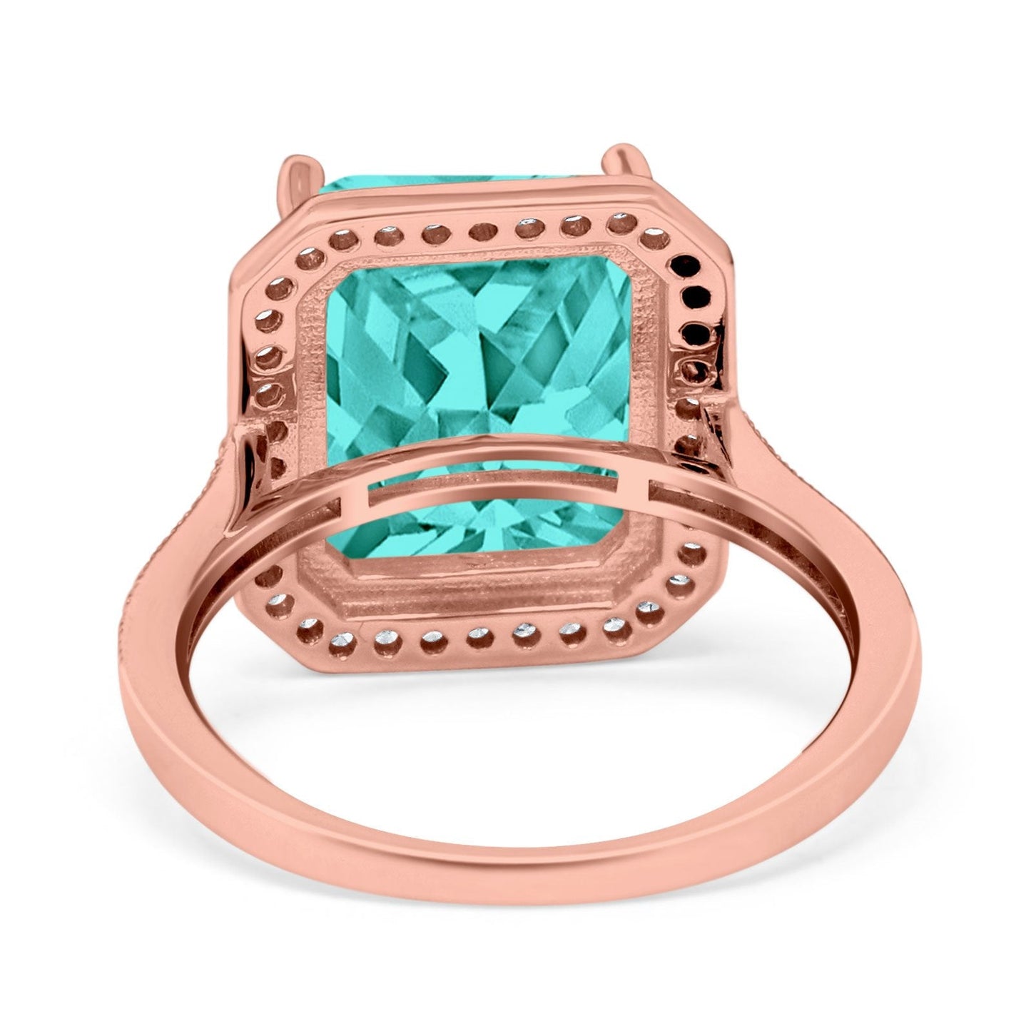 Halo Emerald Cut Rose Tone, Simulated Paraiba Tourmaline CZ Engagement Ring