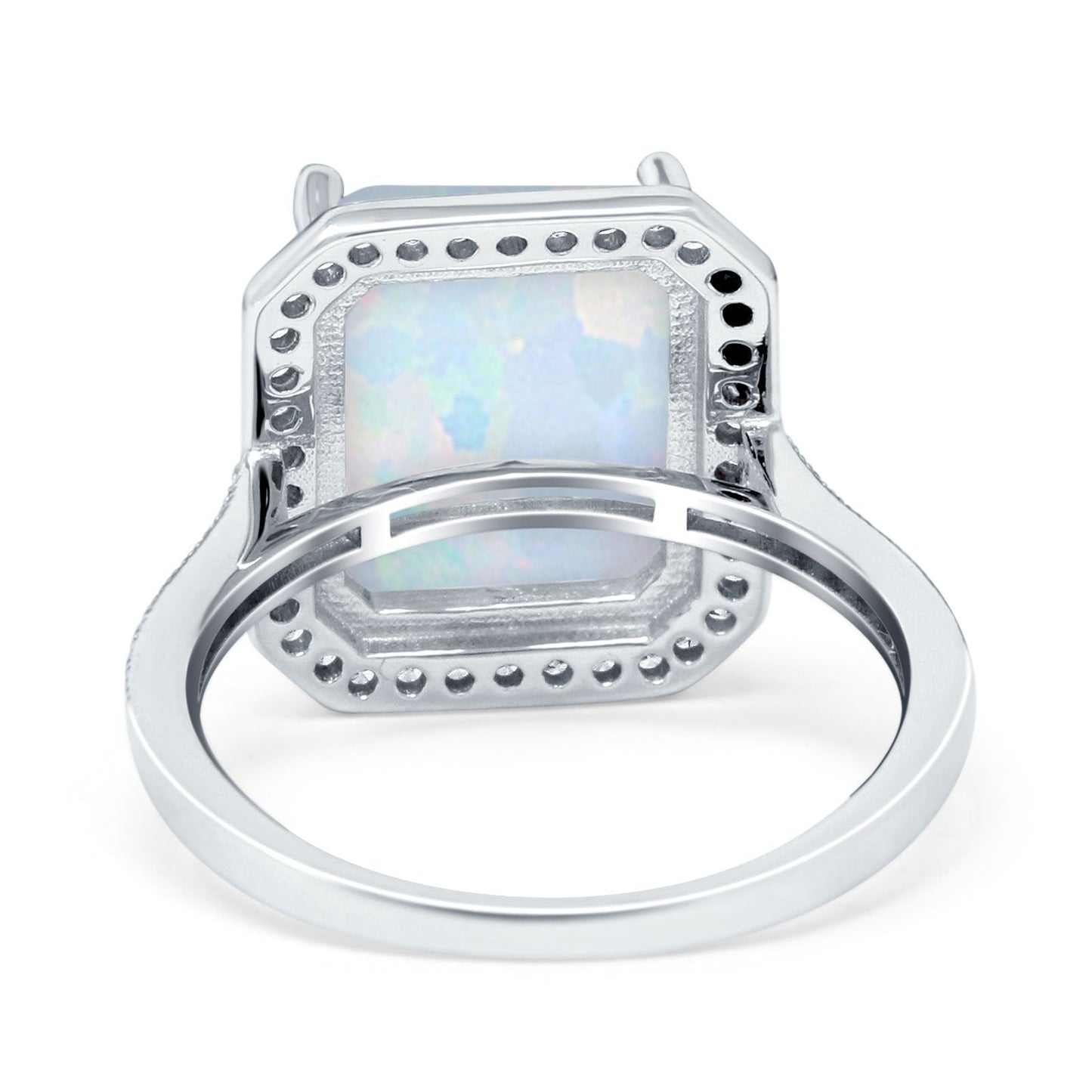 Halo Emerald Cut Engagement Ring Lab Created White Opal