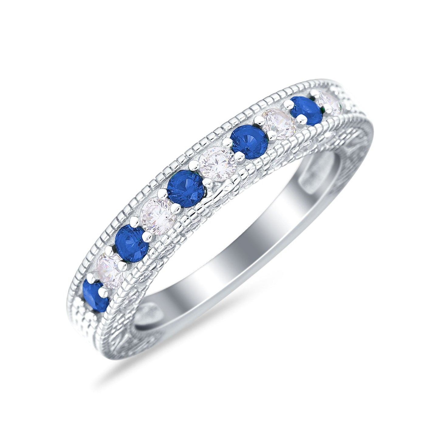 Art Deco Eternity Stackable Band Simulated Blue Sapphire CZ Wedding Ring