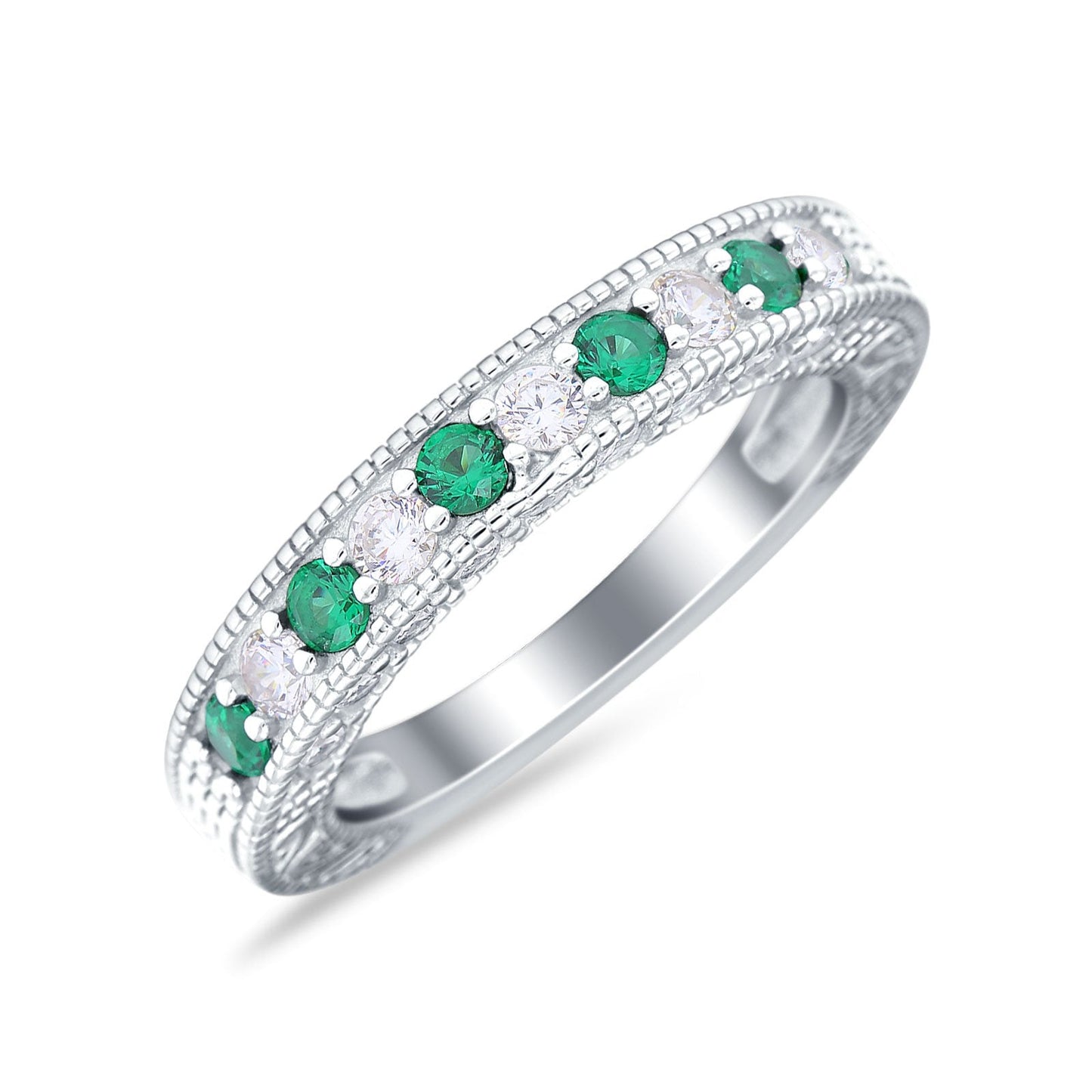 Art Deco Eternity Stackable Band Wedding Ring Simulated Green Emerald CZ