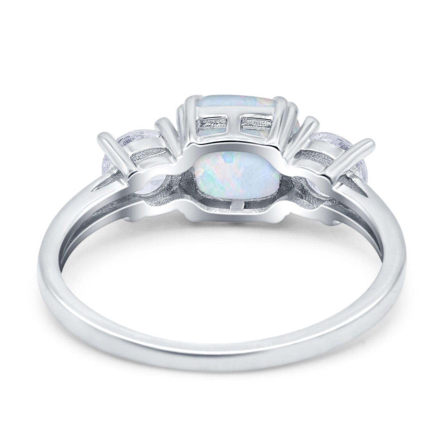 Cushion Three Stone Engagement Ring Lab Created White Opal