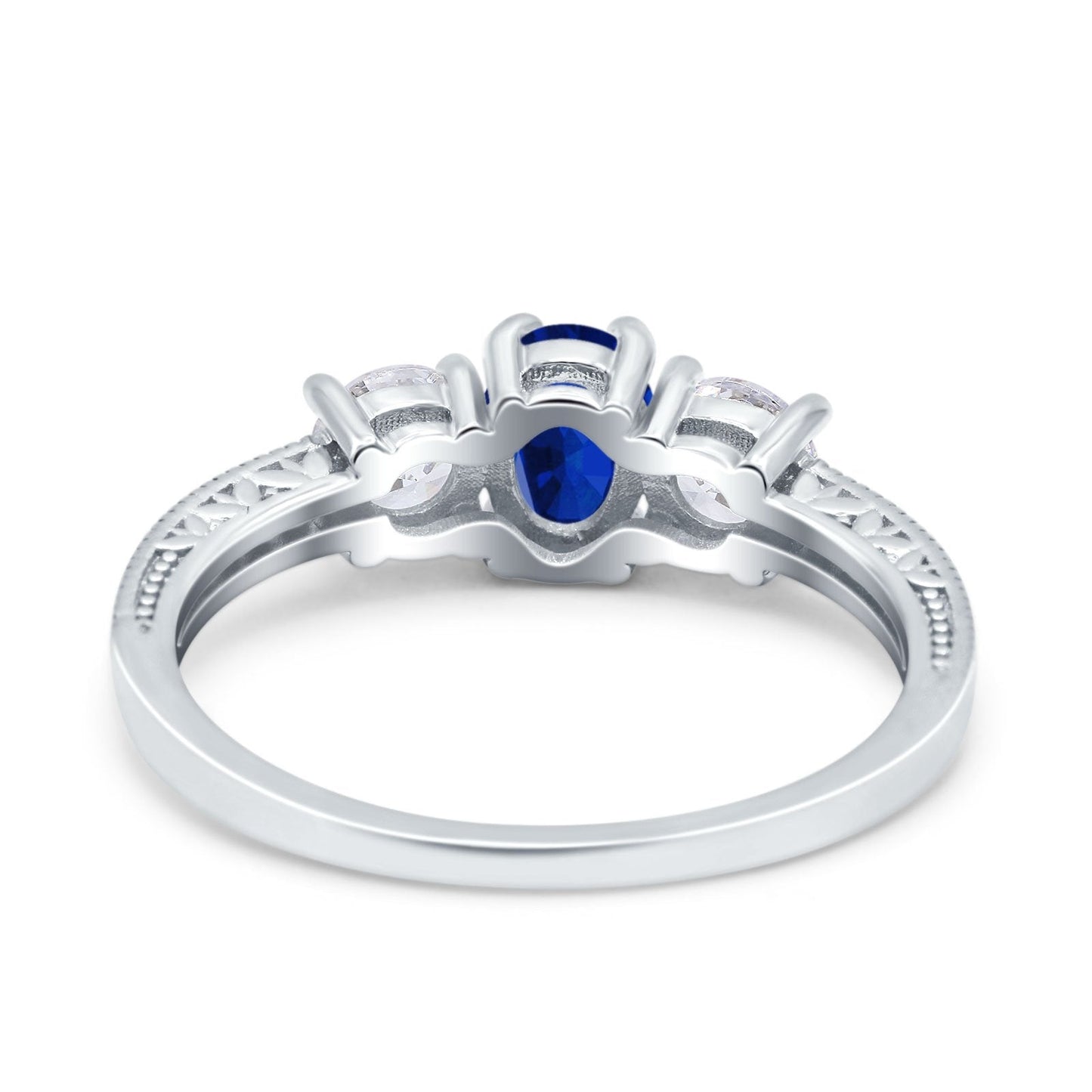 Three Stone Oval Engagement Ring Simulated Blue Sapphire CZ