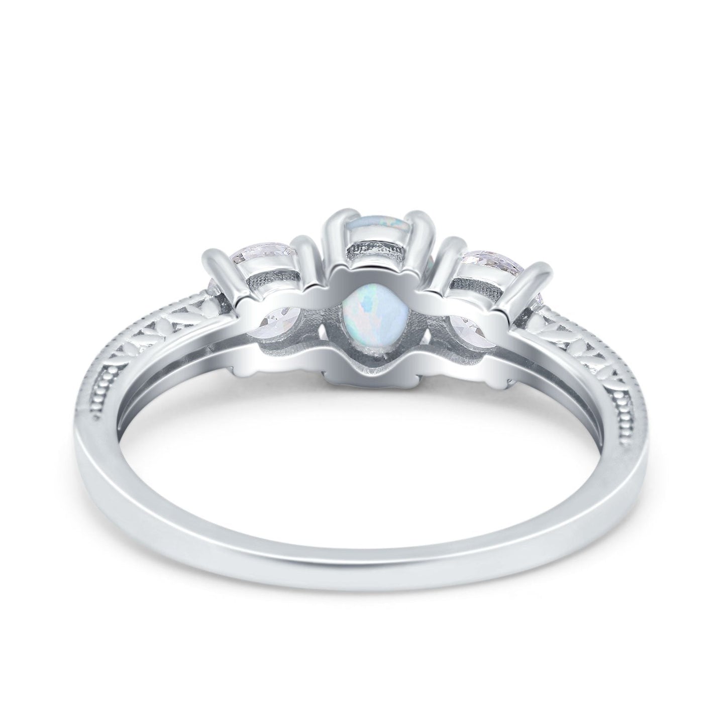 Three Stone Oval Engagement Ring Lab Created White Opal