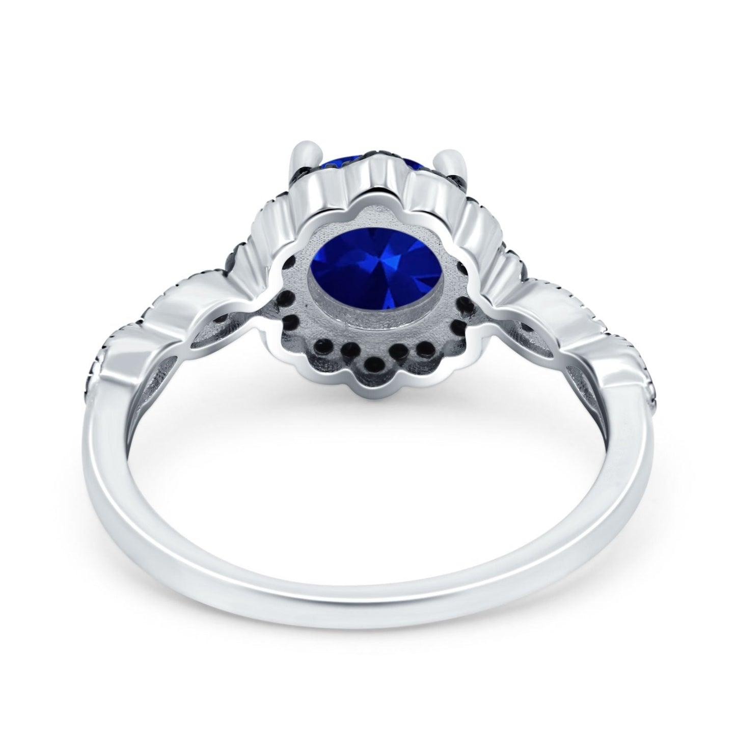 Flower Art Deco Wedding Ring Round Black Simulated Blue Sapphire CZ