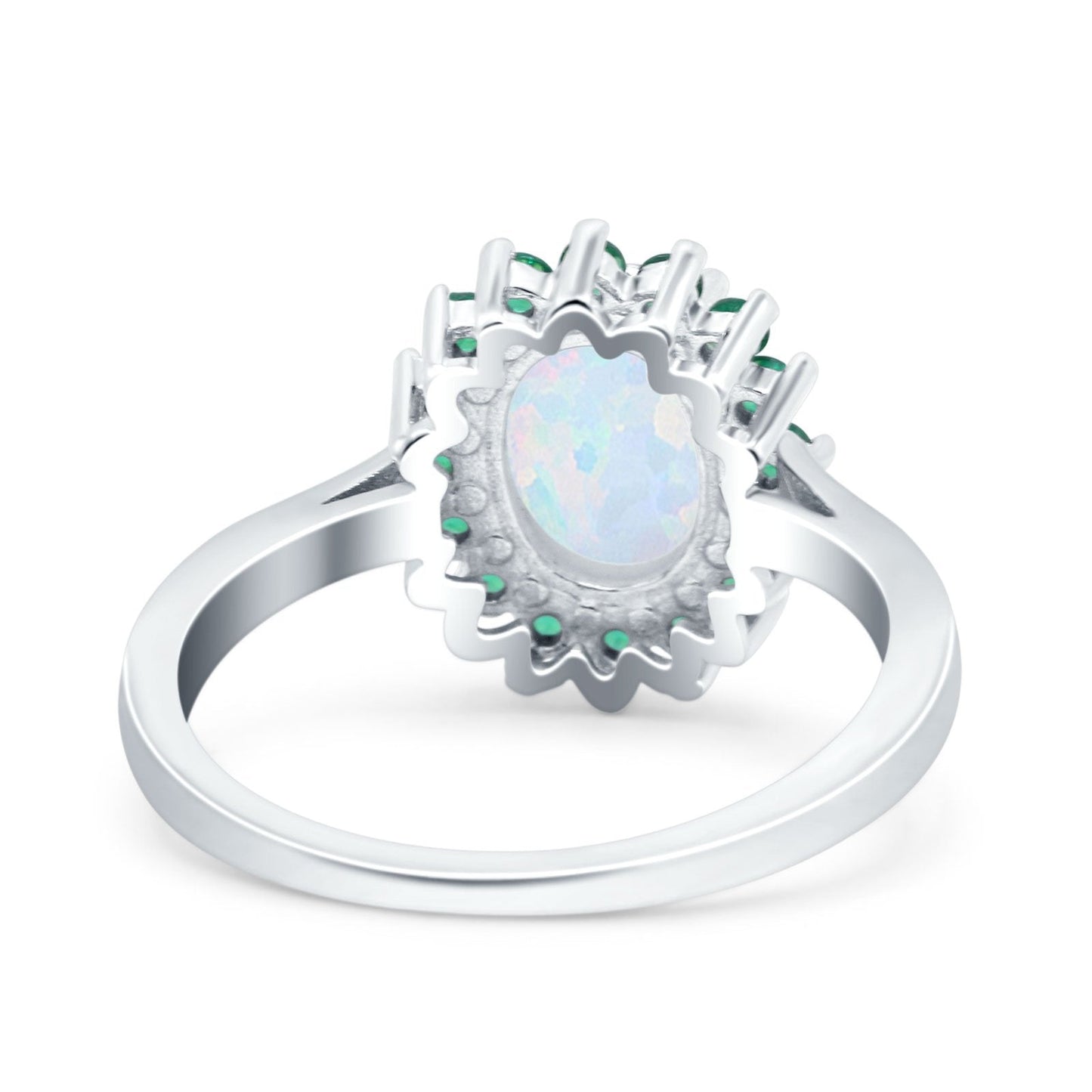 Oval Art Deco Wedding Ring Simulated Green Emerald Lab Created White Opal