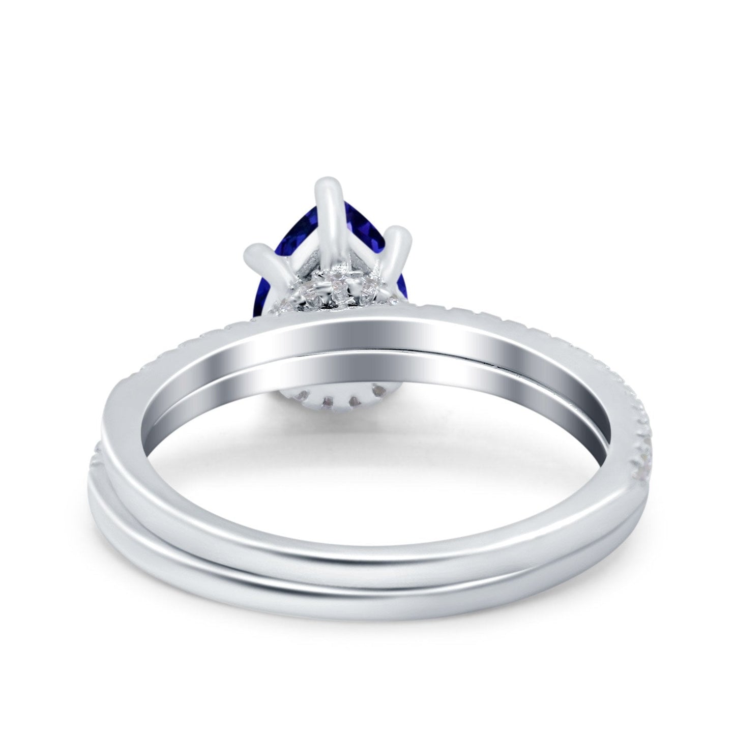 Two Piece Art Deco Pear Engagement Bridal Ring Band Simulated Blue Sapphire CZ