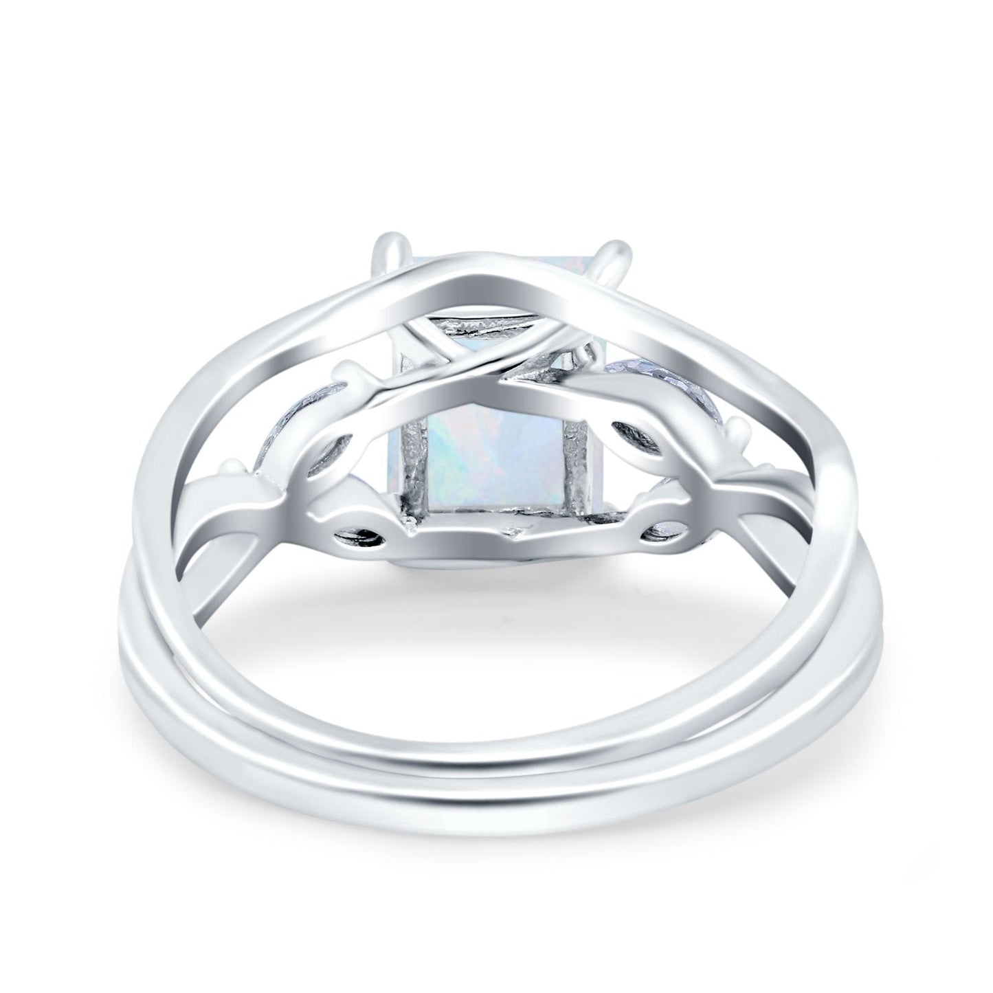 Two Piece Art Deco Emerald Cut Wedding Ring Lab Created White Opal