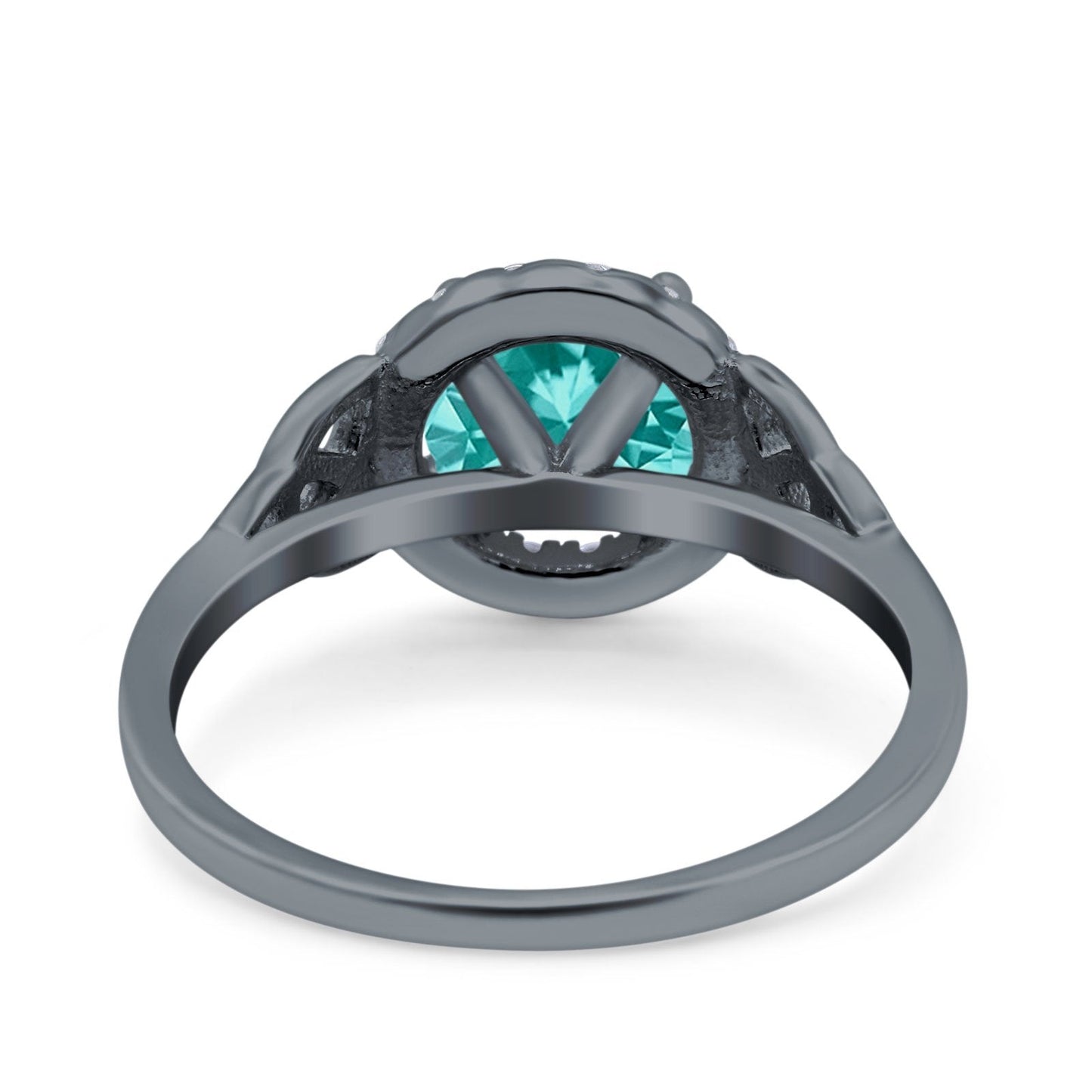 Celtic Halo Art Deco Wedding Ring Round Black Tone, Simulated Paraiba Tourmaline CZ