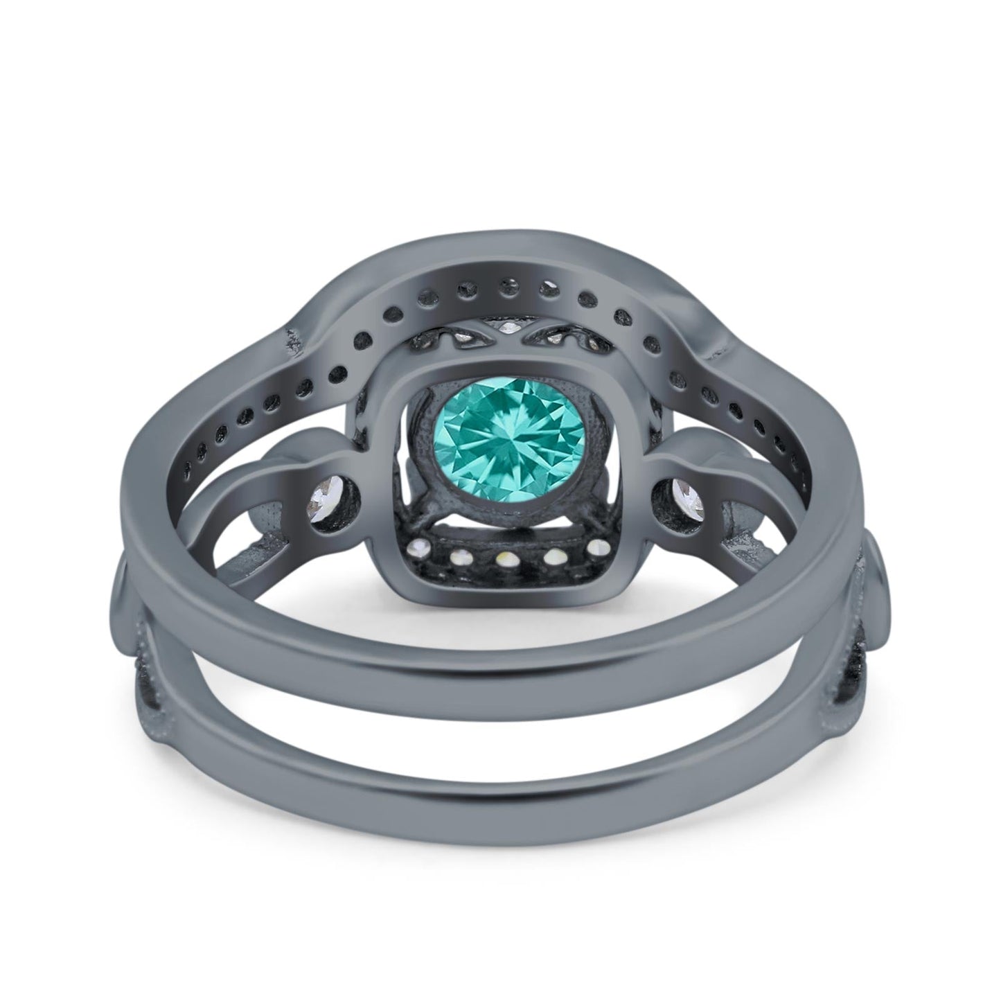 Two Piece Art Deco Wedding Ring Band Round Black Tone, Simulated Paraiba Tourmaline CZ