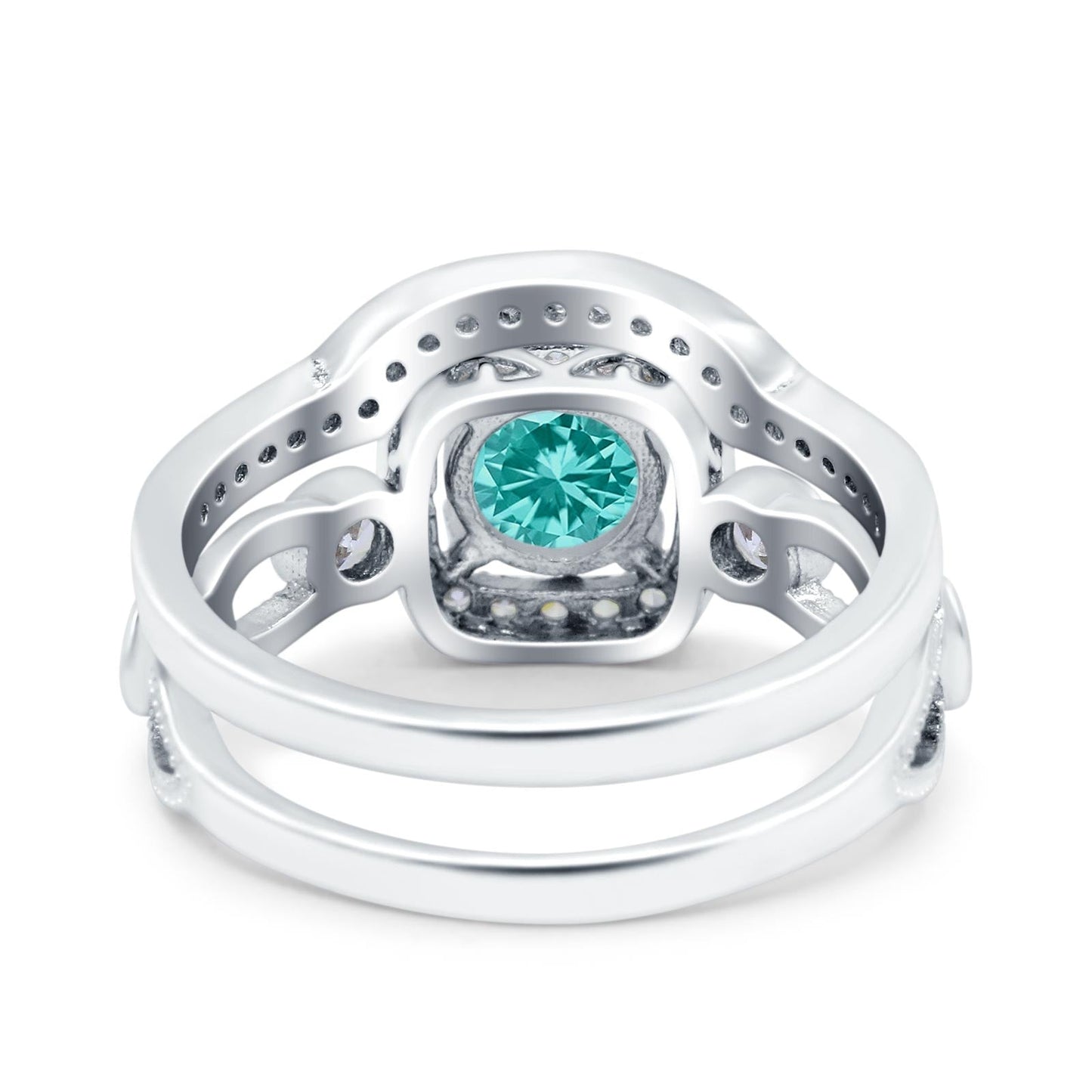 Two Piece Art Deco Wedding Ring Band Round Simulated Paraiba Tourmaline CZ