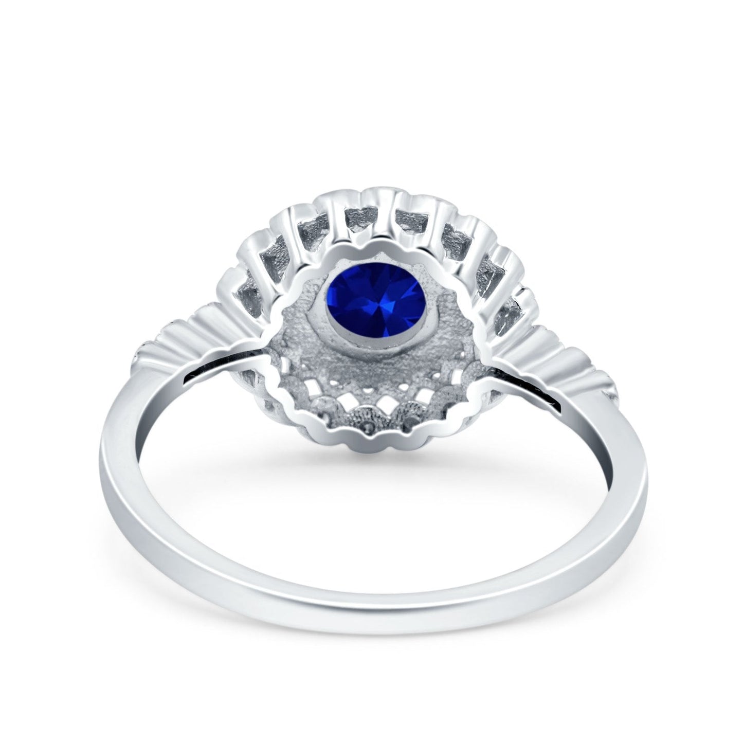 Halo Art Deco Wedding Ring Round Simulated Blue Sapphire CZ