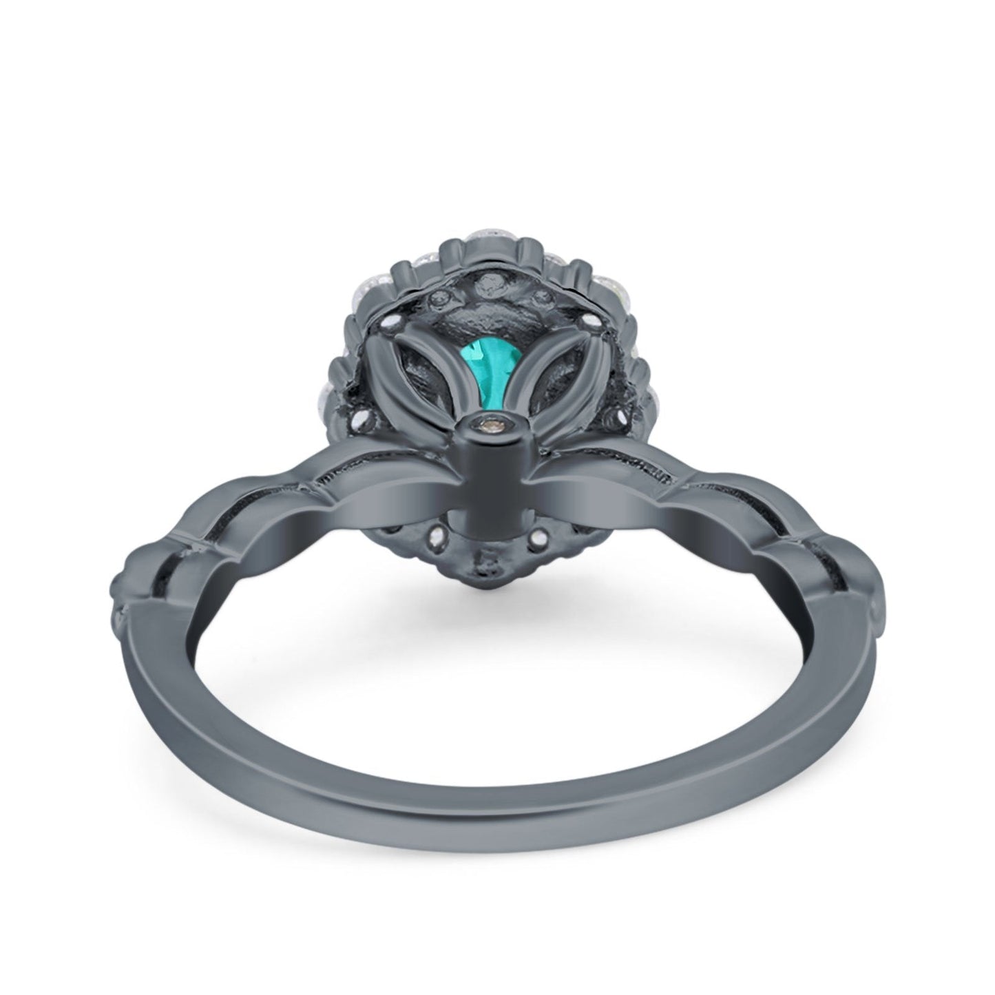 Art Deco Halo Oval Black Tone Simulated Paraiba Tourmaline CZ Ring