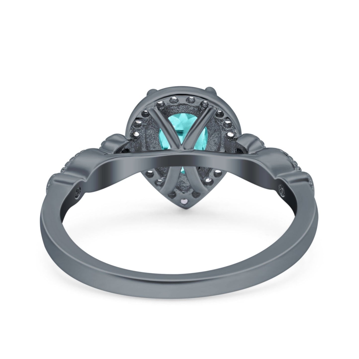 Halo Pear Engagement Ring Black Tone, Simulated Paraiba Tourmaline CZ