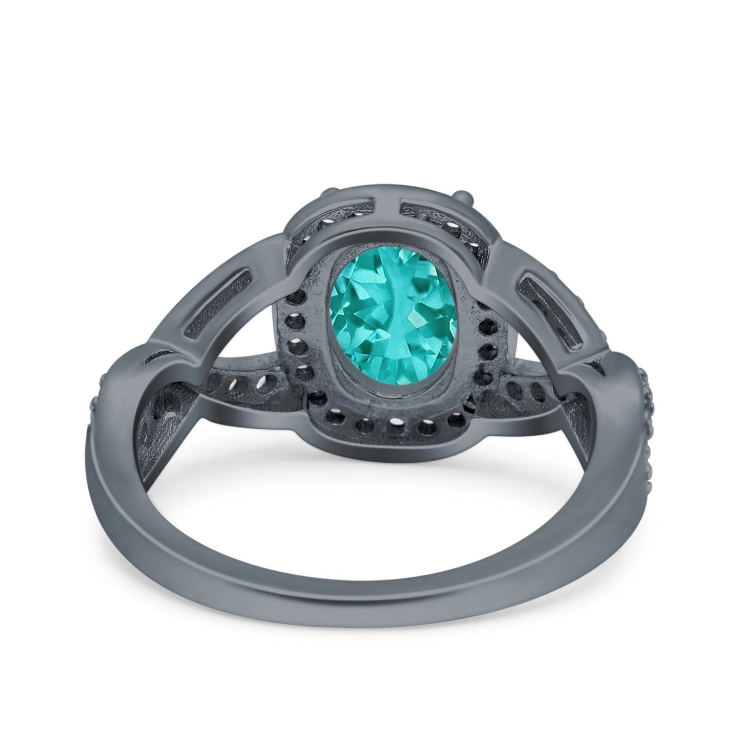 Infinity Twisted Shank Art Deco Oval Wedding Ring Black Tone, Simulated Paraiba Tourmaline CZ