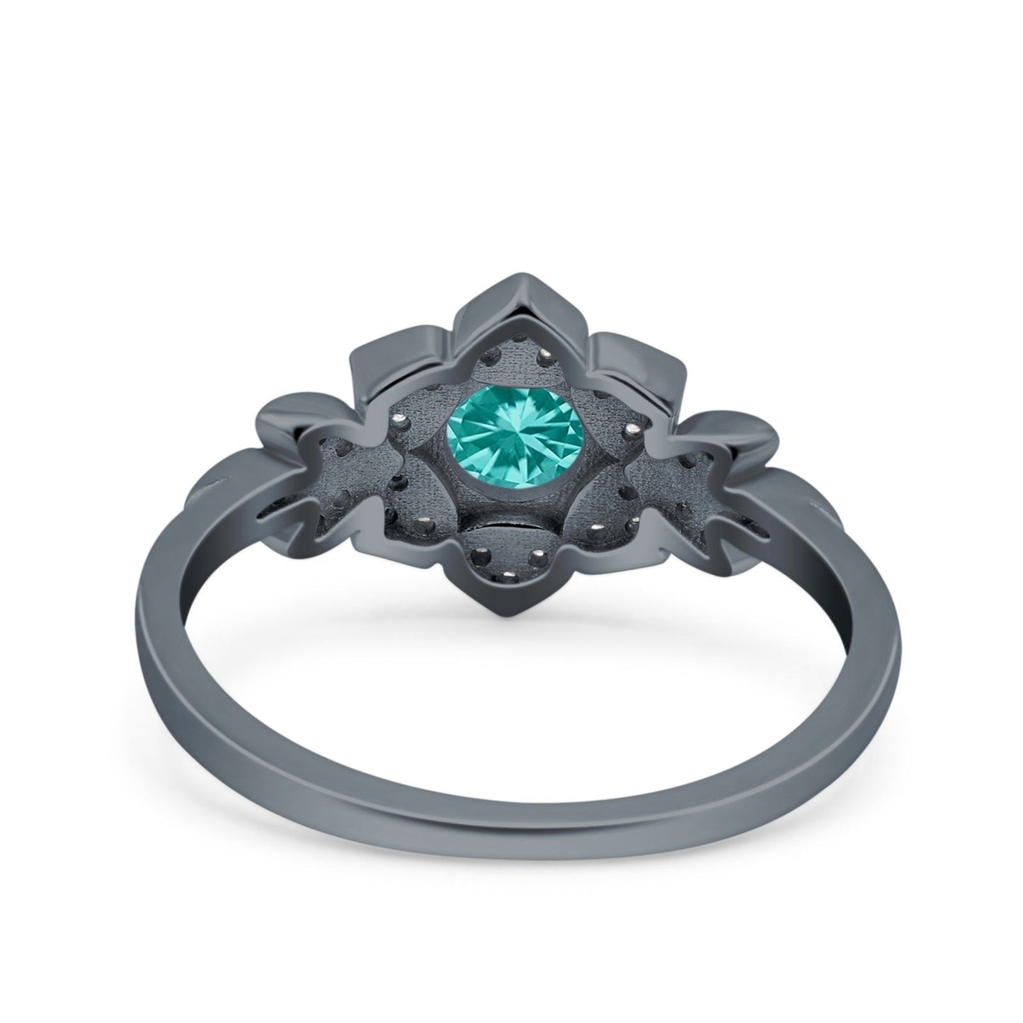 Halo Cluster Floral Wedding Ring Round Black Tone, Simulated Paraiba Tourmaline CZ