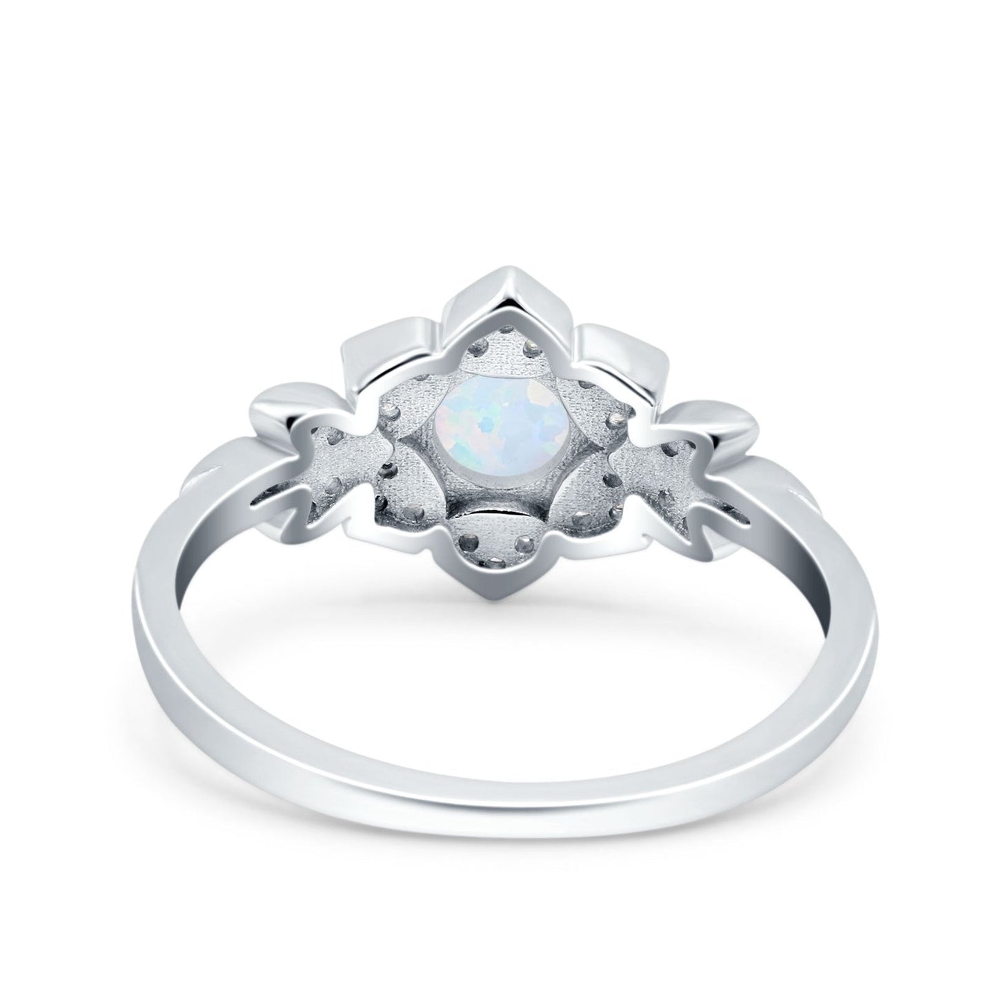 Halo Cluster Floral Wedding Ring Round Lab Created White Opal