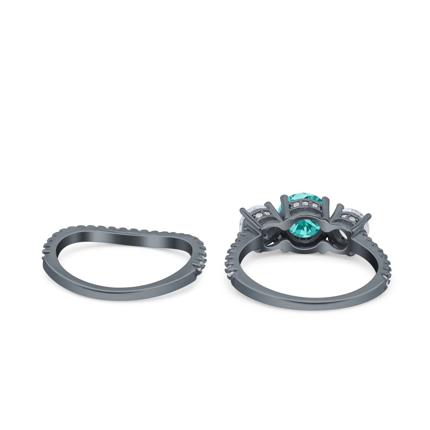 Three Stone Art Deco Wedding Piece Ring Round Black Tone, Simulated Paraiba Tourmaline CZ