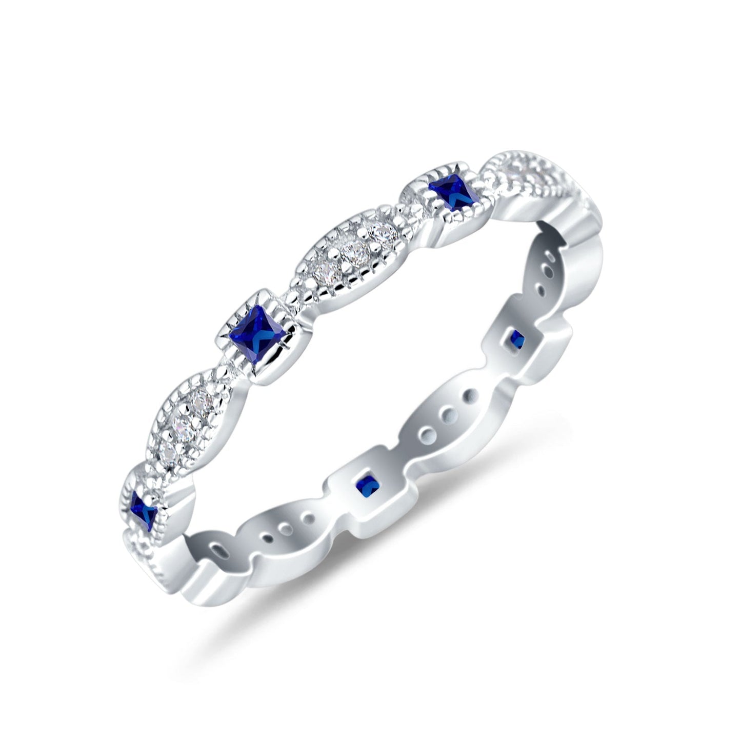 Full Eternity Stackable Ring Wedding Band Round Simulated Blue Sapphire CZ