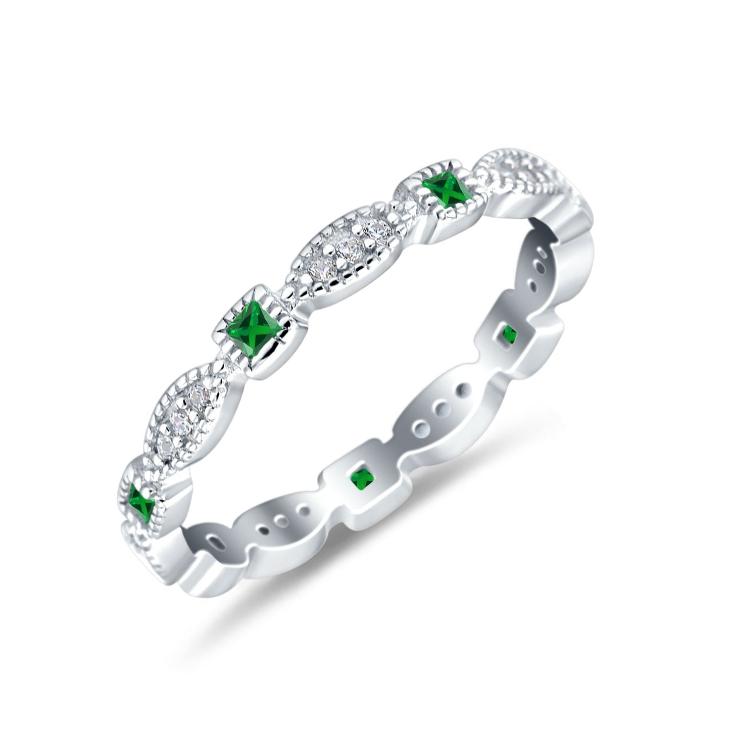 Full Eternity Stackable Ring Wedding Band Round Simulated Green Emerald CZ