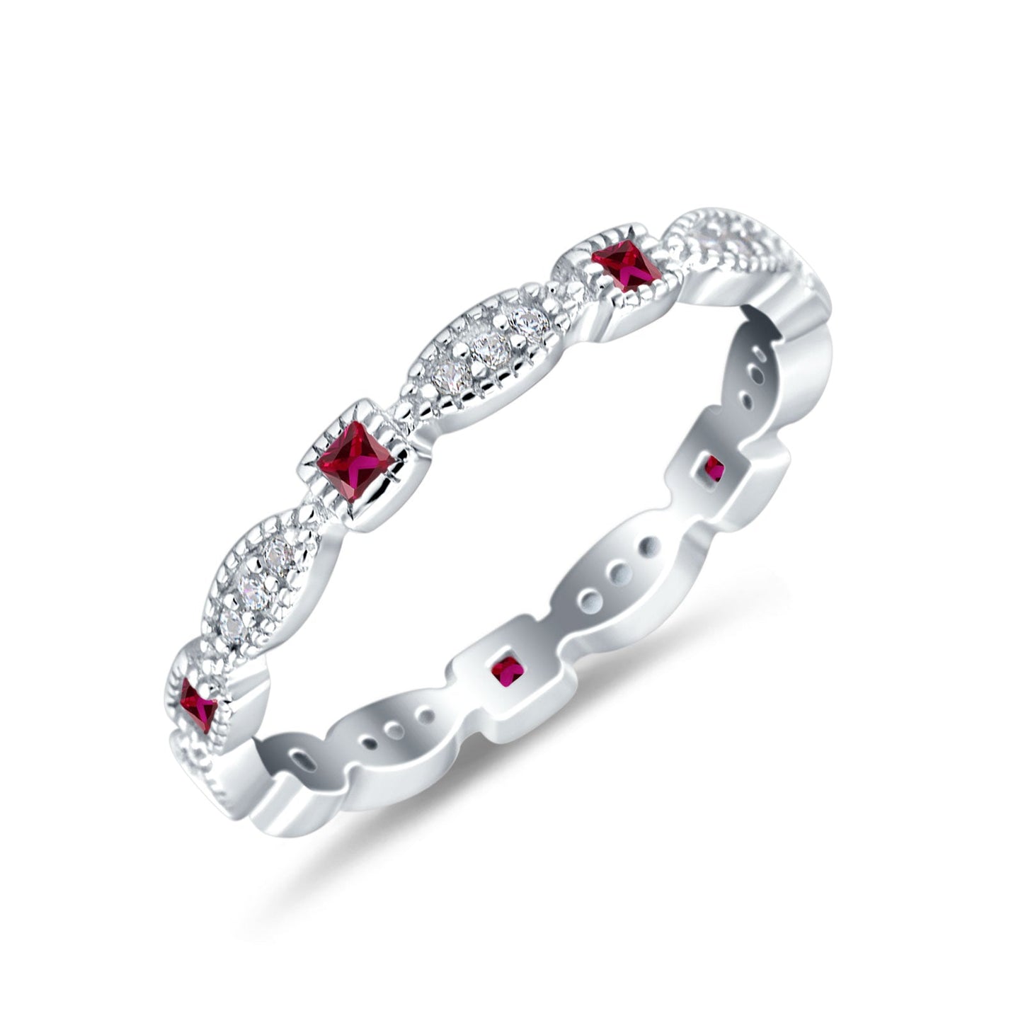 Full Eternity Stackable Ring Wedding Band Round Simulated Ruby CZ