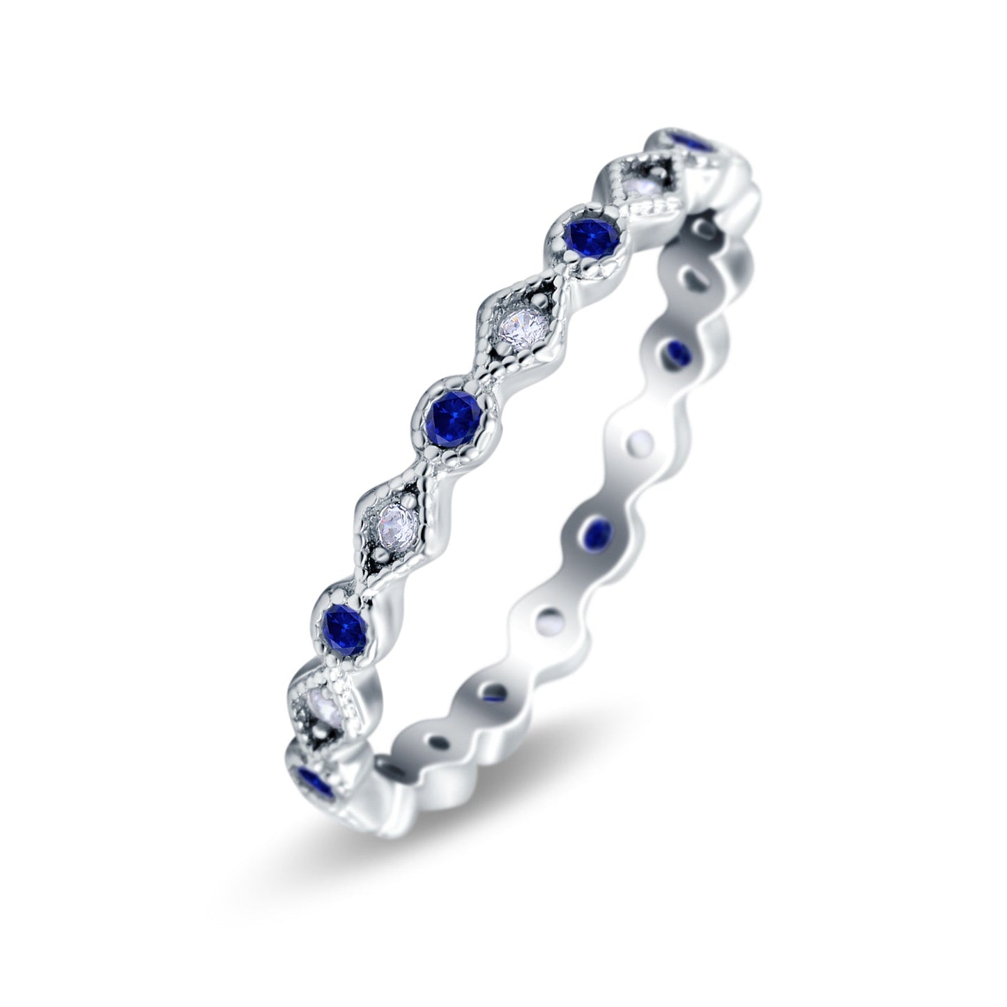 Full Eternity Stackable Ring Wedding Band Round Simulated Blue Sapphire CZ