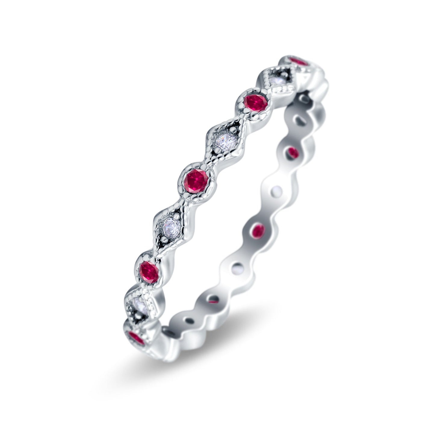 Full Eternity Stackable Ring Wedding Band Round Simulated Ruby CZ