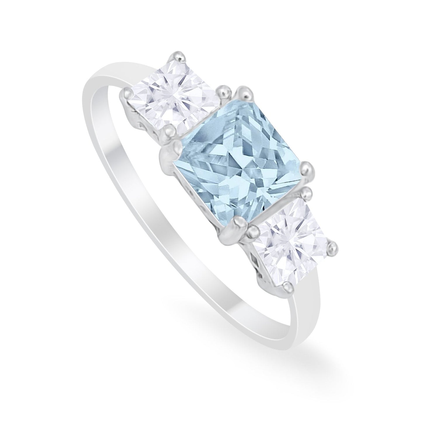 3 Stone Wedding Ring Princess Cut Simulated Aquamarine CZ