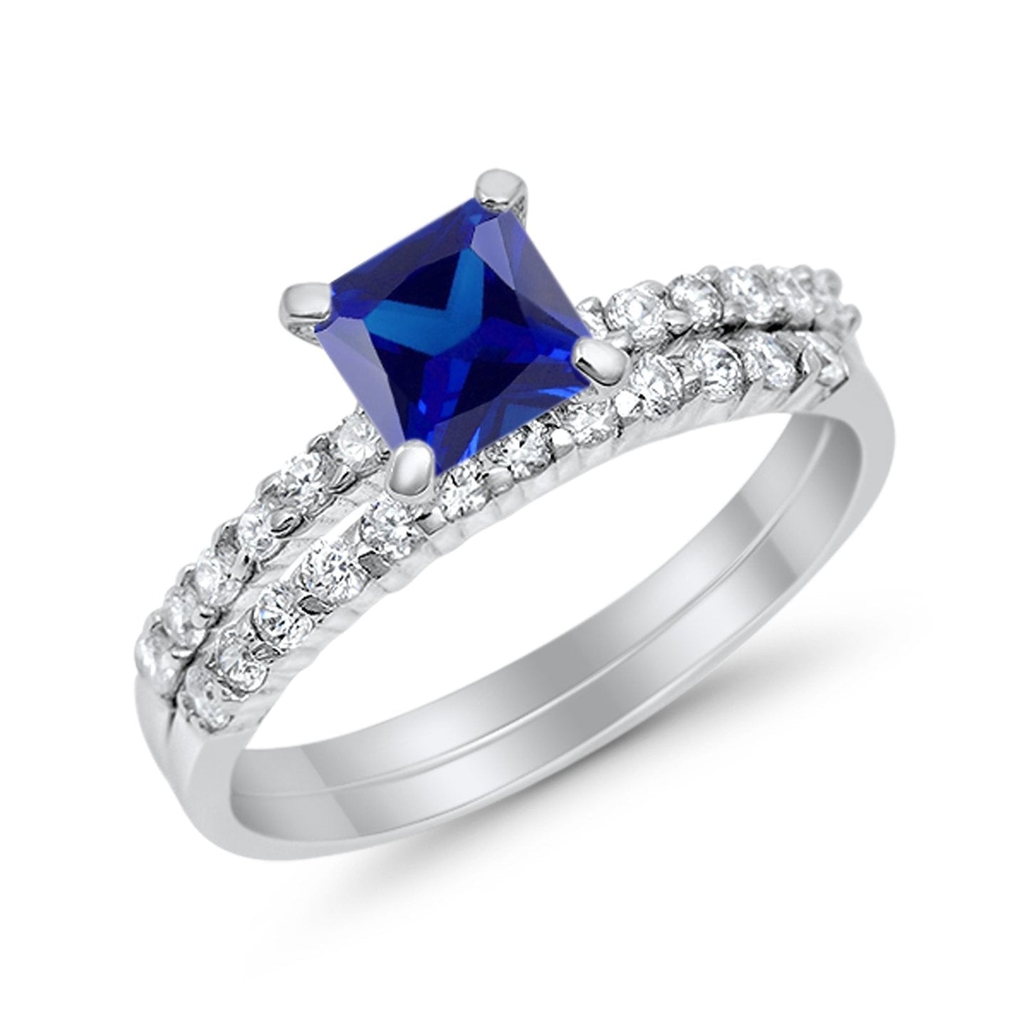 Wedding Ring Bridal Princess Cut Simulated Blue Sapphire CZ