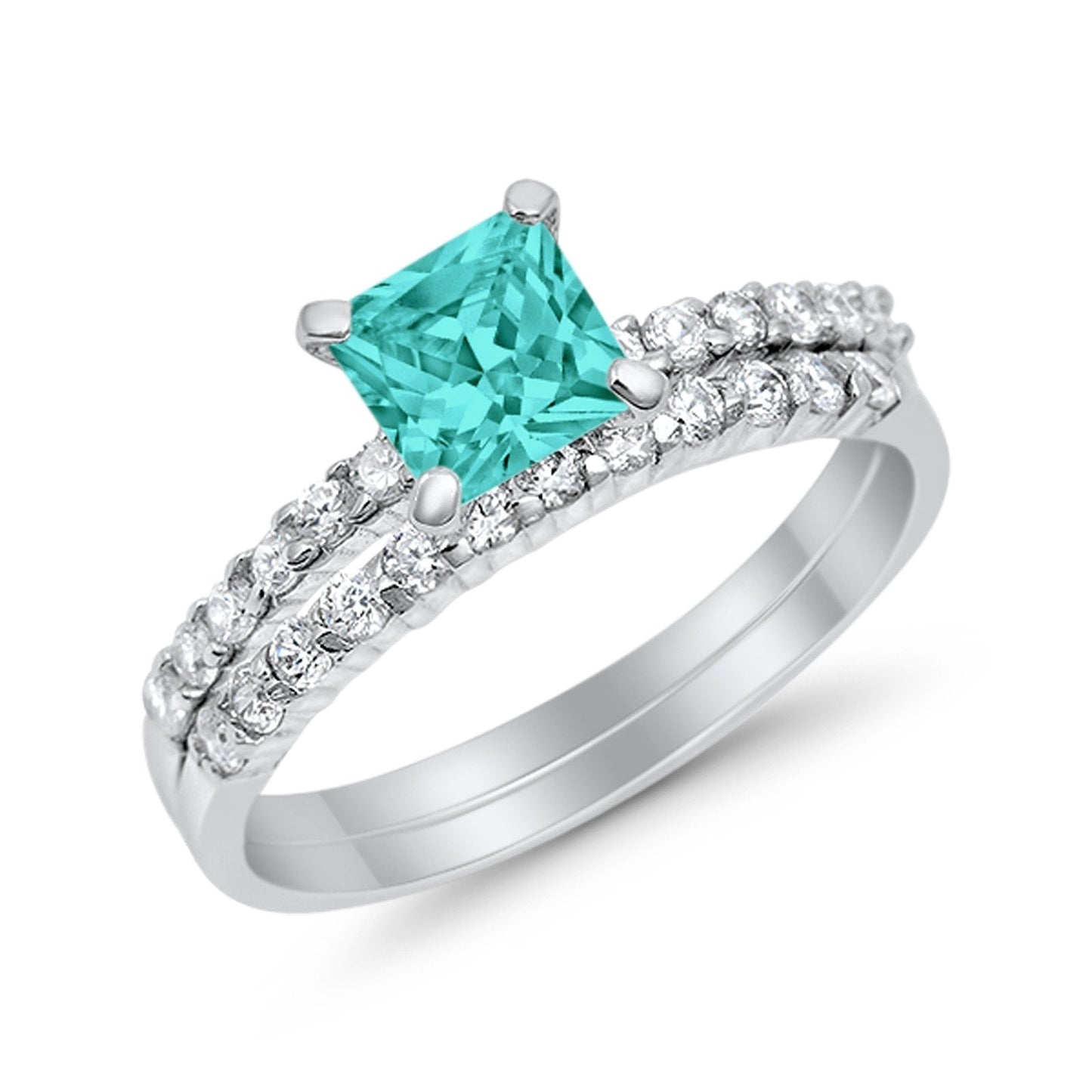 Wedding Ring Bridal Princess Cut Simulated Paraiba Tourmaline CZ