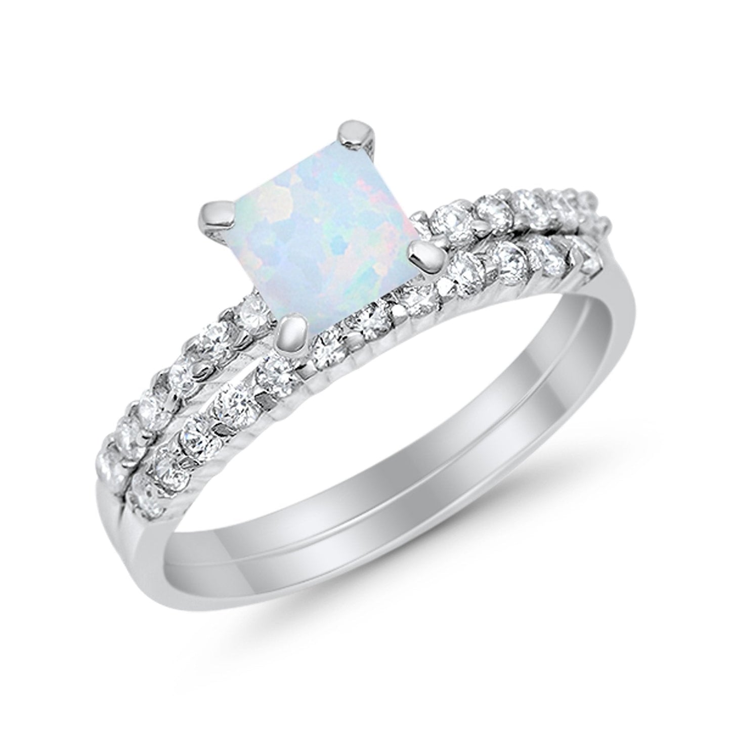 Wedding Ring Bridal Princess Cut Lab Created White Opal