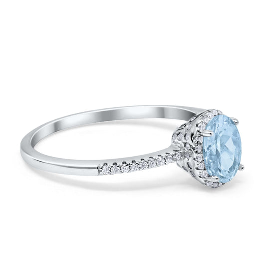 Halo Fashion Ring Oval Simulated Aquamarine CZ Accent