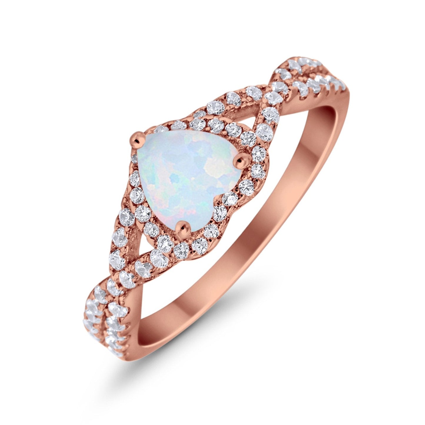 Heart Infinity Shank Rose Tone, Lab White Opal Promise Ring