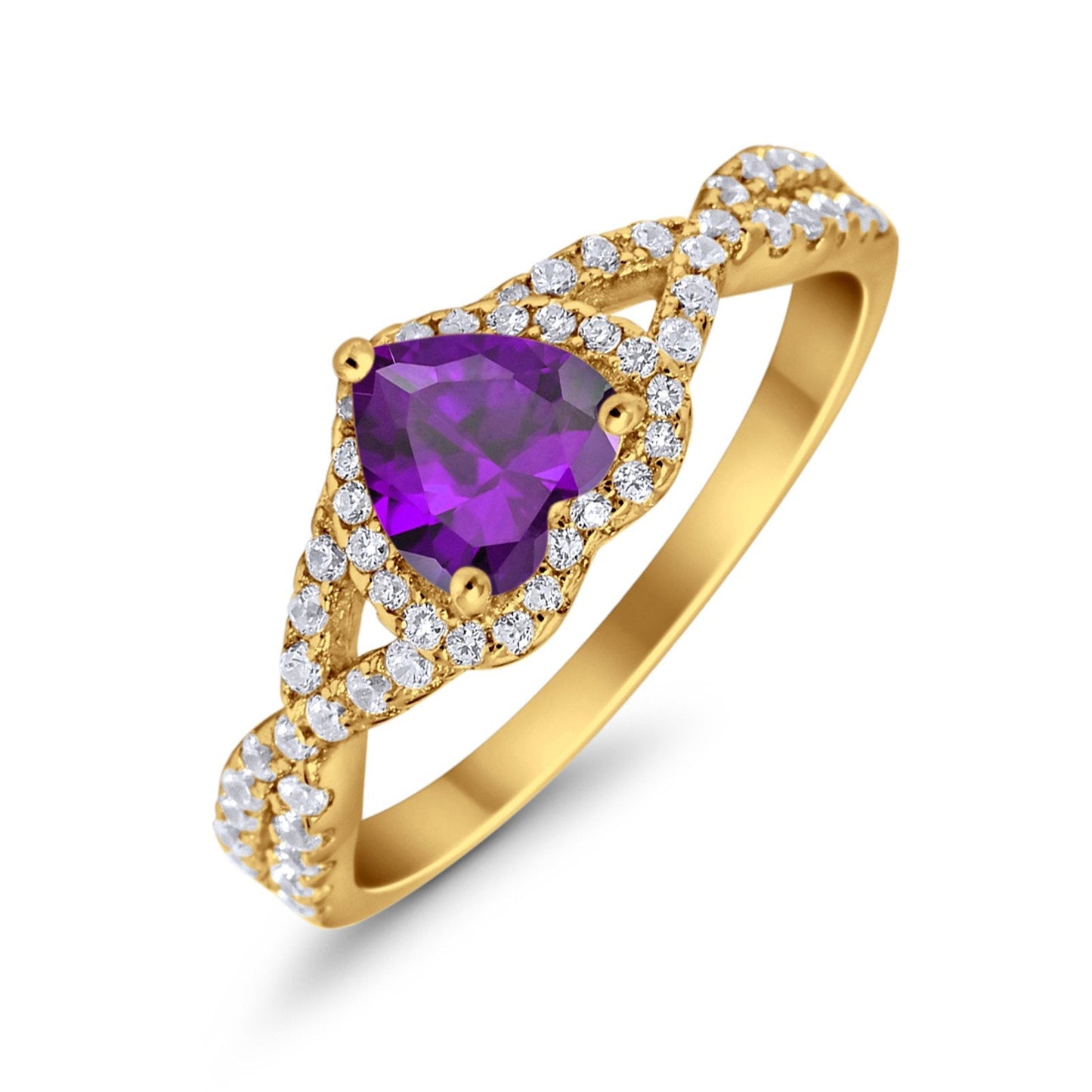 Heart Infinity Shank Yellow Tone, Simulated Amethyst CZ Promise Ring