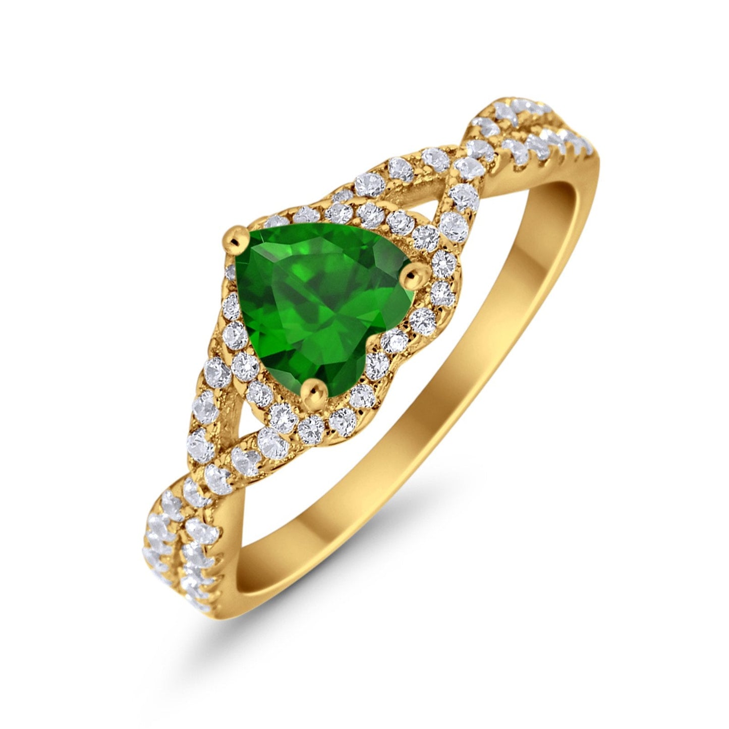 Heart Infinity Shank Yellow Tone, Simulated Green Emerald CZ Promise Ring