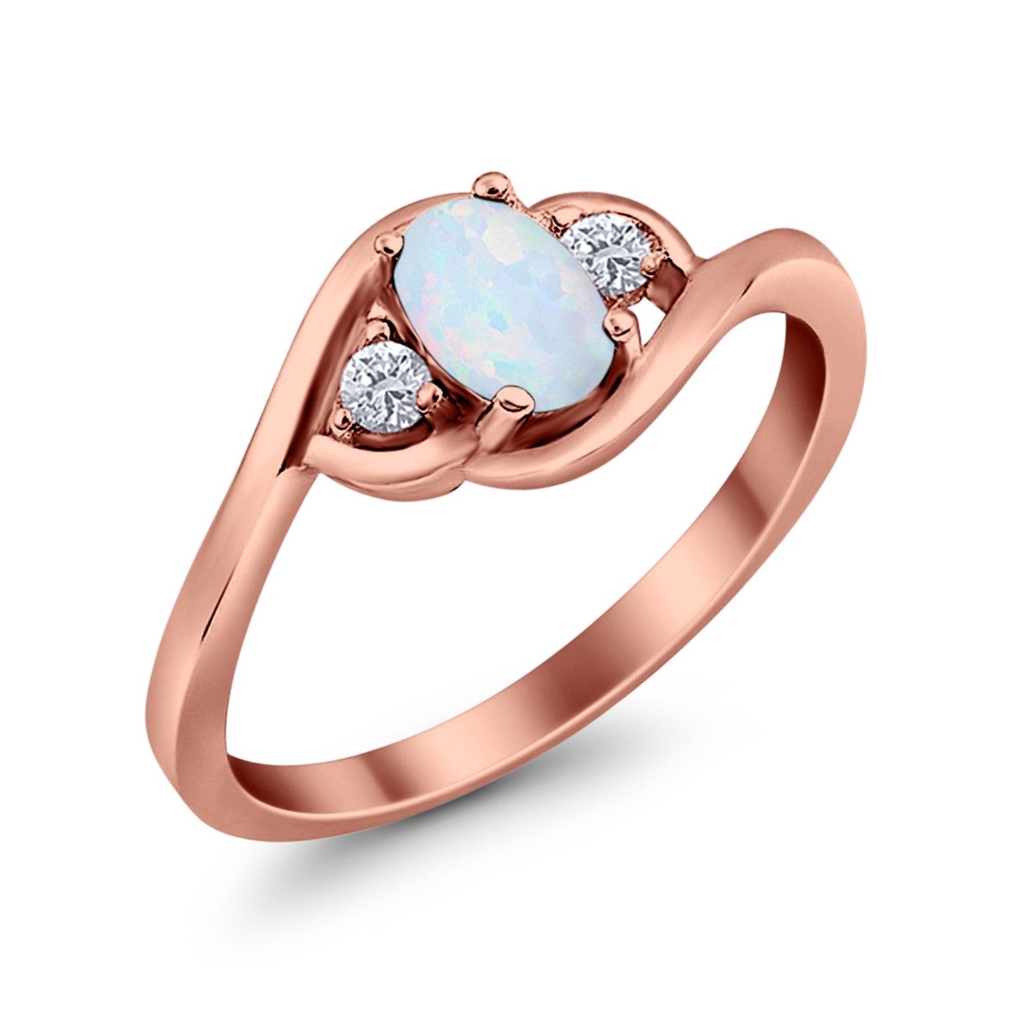 Oval Rose Tone, Lab Created White Opal Wedding Ring