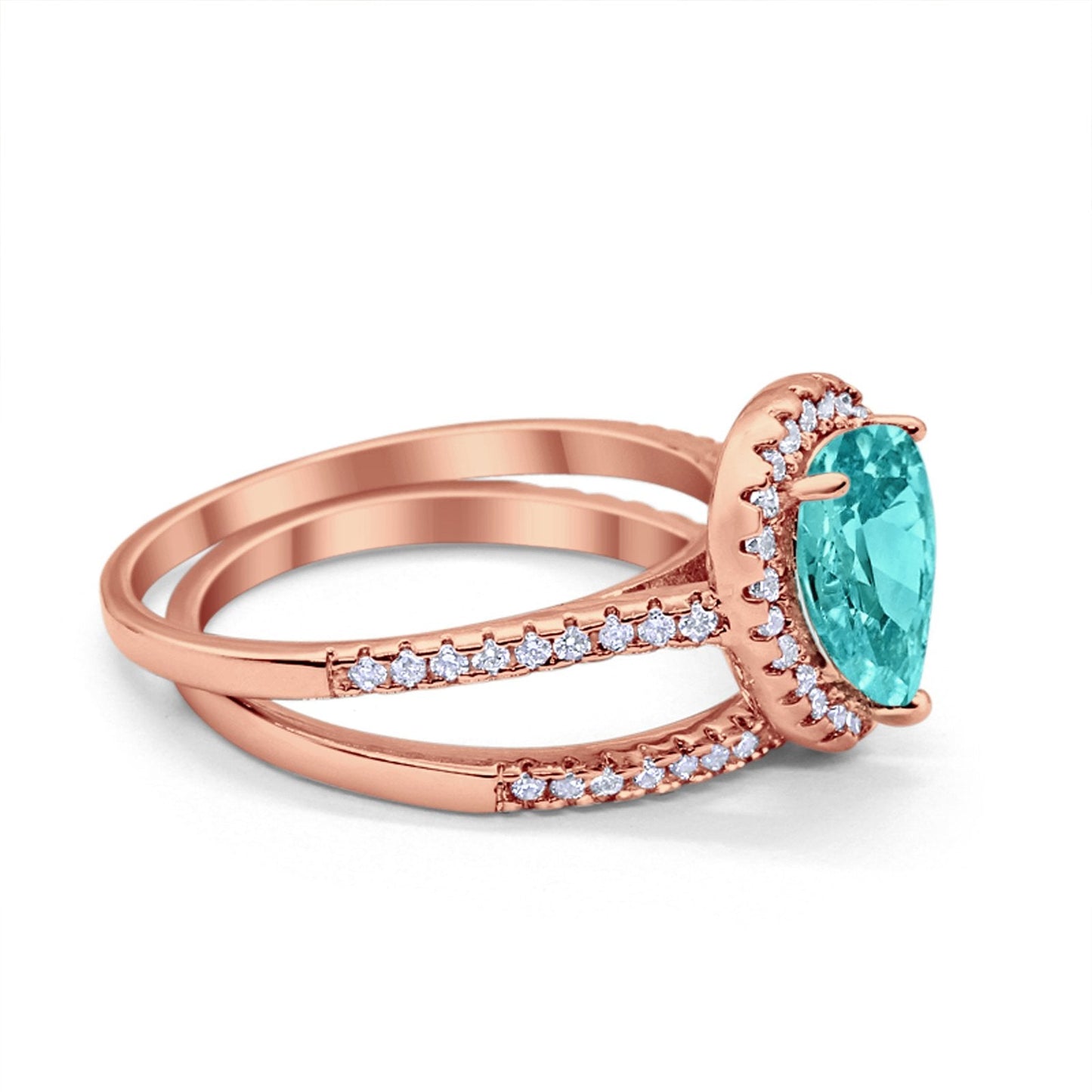 Teardrop Bridal Engagement Ring Rose Tone, Simulated Paraiba Tourmaline CZ