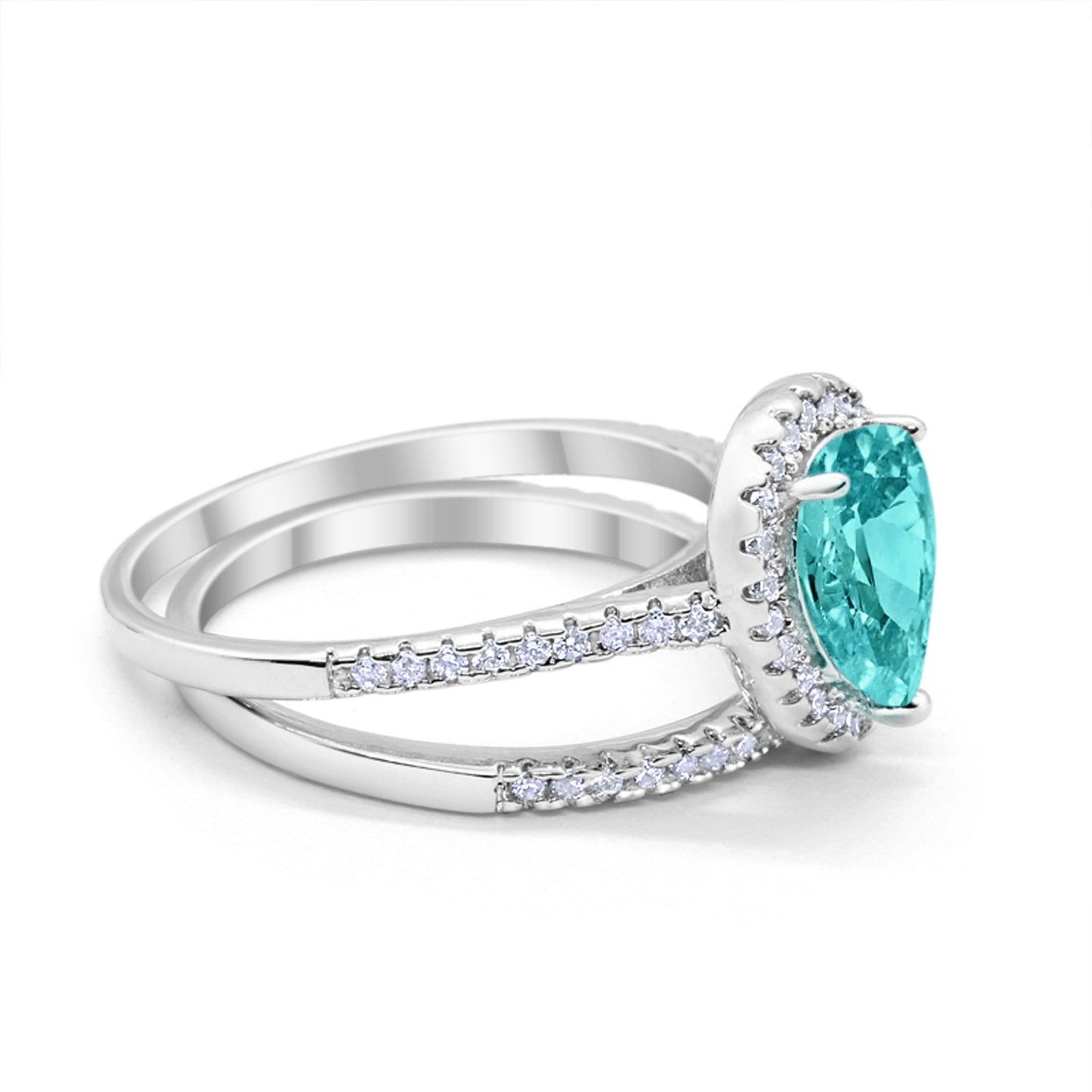 Teardrop Bridal Wedding Piece Ring Simulated Paraiba Tourmaline CZ