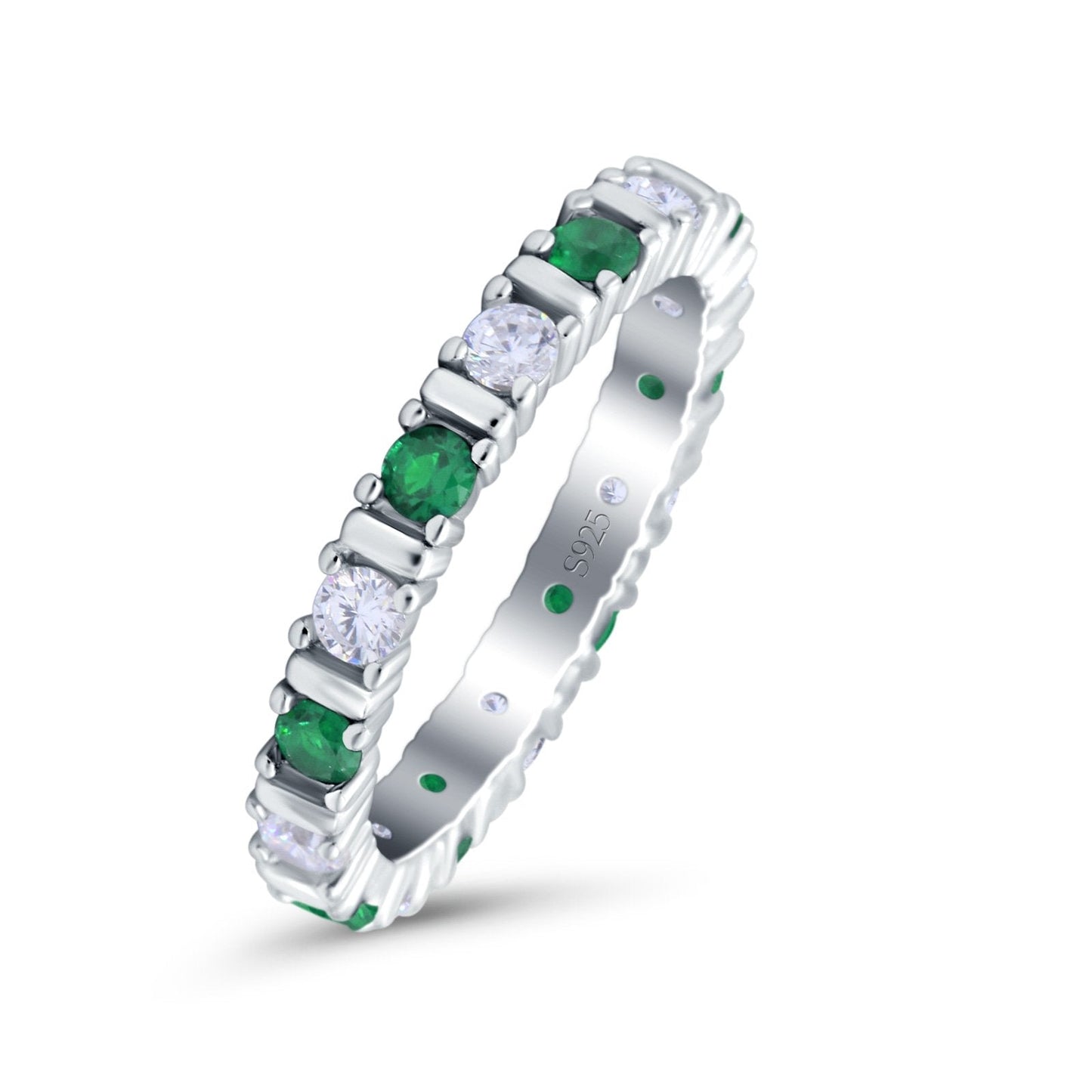 Full Eternity Stackable Ring Wedding Band Round Simulated Green Emerald CZ (3mm)