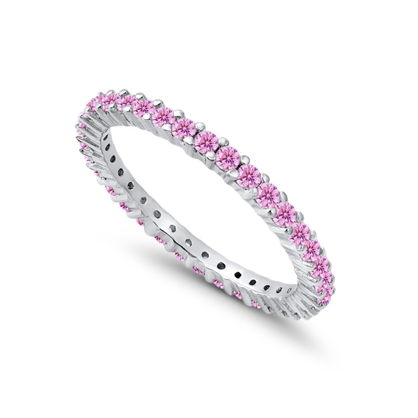 Full Eternity Wedding Band Round Simulated Pink CZ Ring 925 Sterling Silver