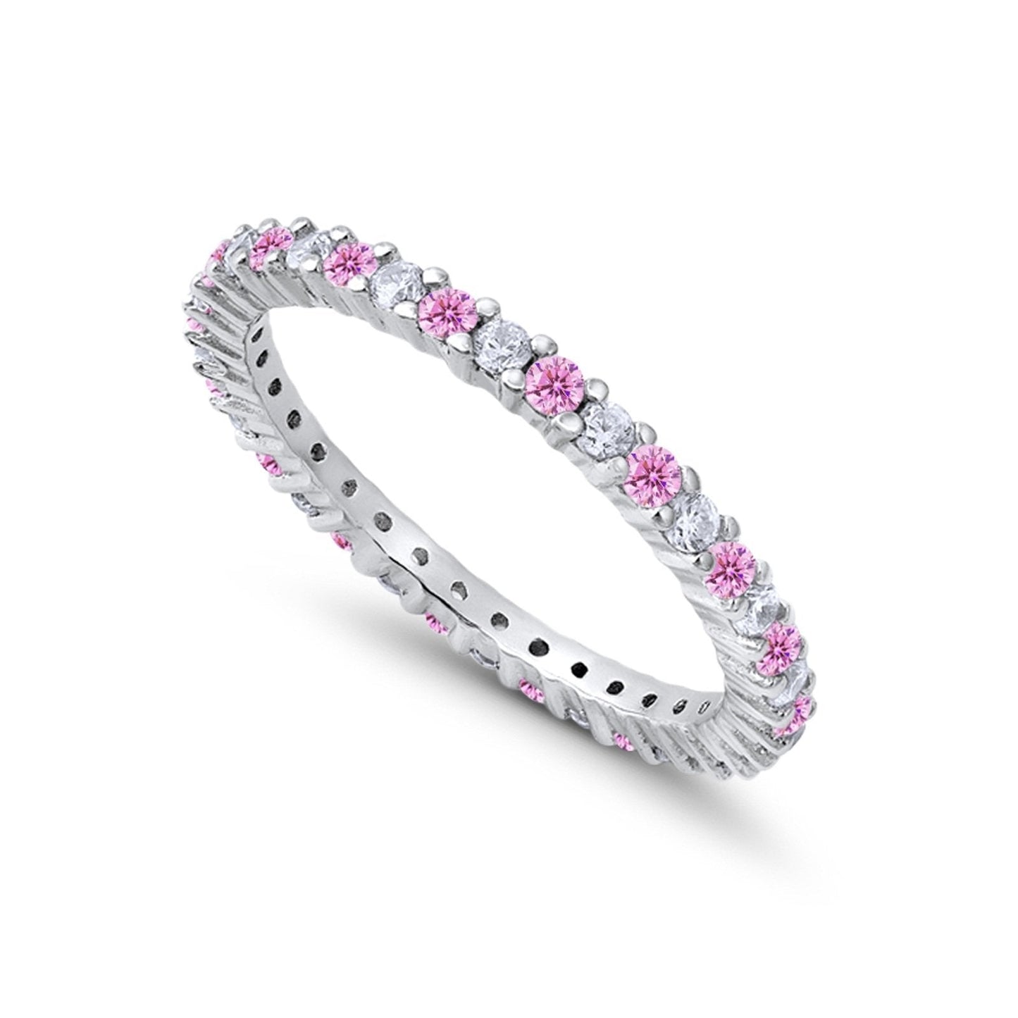 Full Eternity Wedding Band Round Simulated Pink Cubic Zirconia Ring