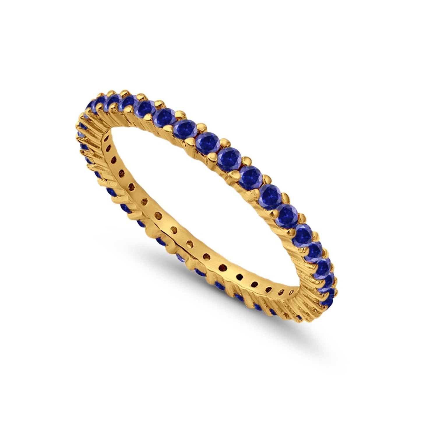 Full Eternity Wedding Band Round Yellow Tone, Simulated Blue Sapphire CZ Ring