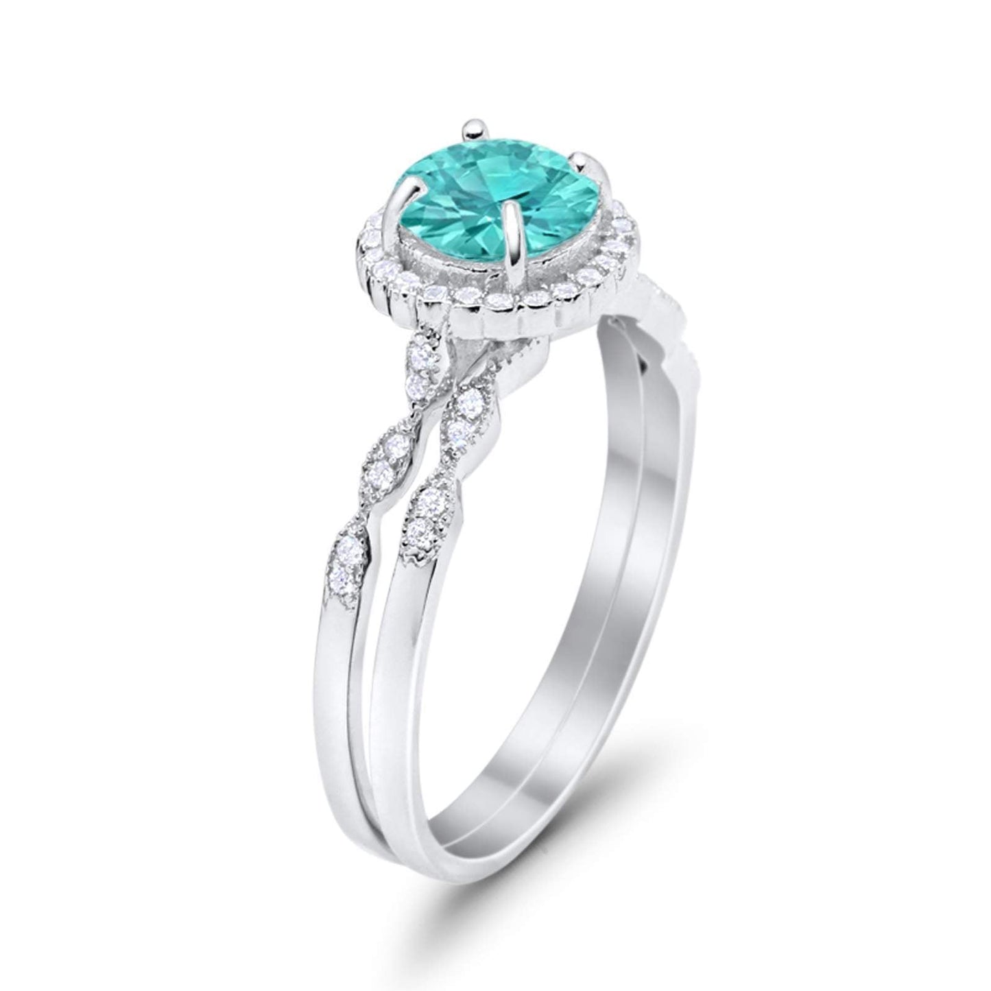 Two Piece Engagement Ring Round Simulated Paraiba Tourmaline CZ