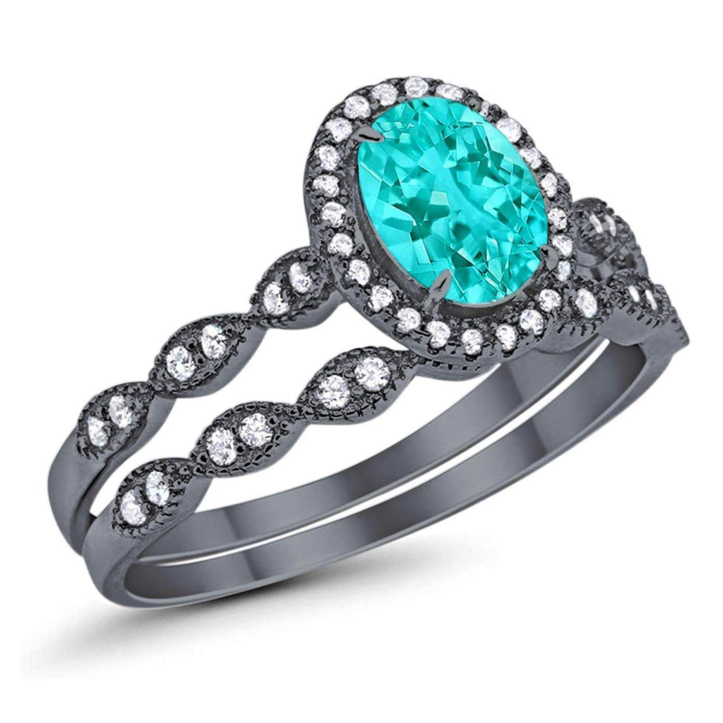 Halo Bridal Set Piece Oval Black Tone, Simulated Paraiba Tourmaline CZ Ring