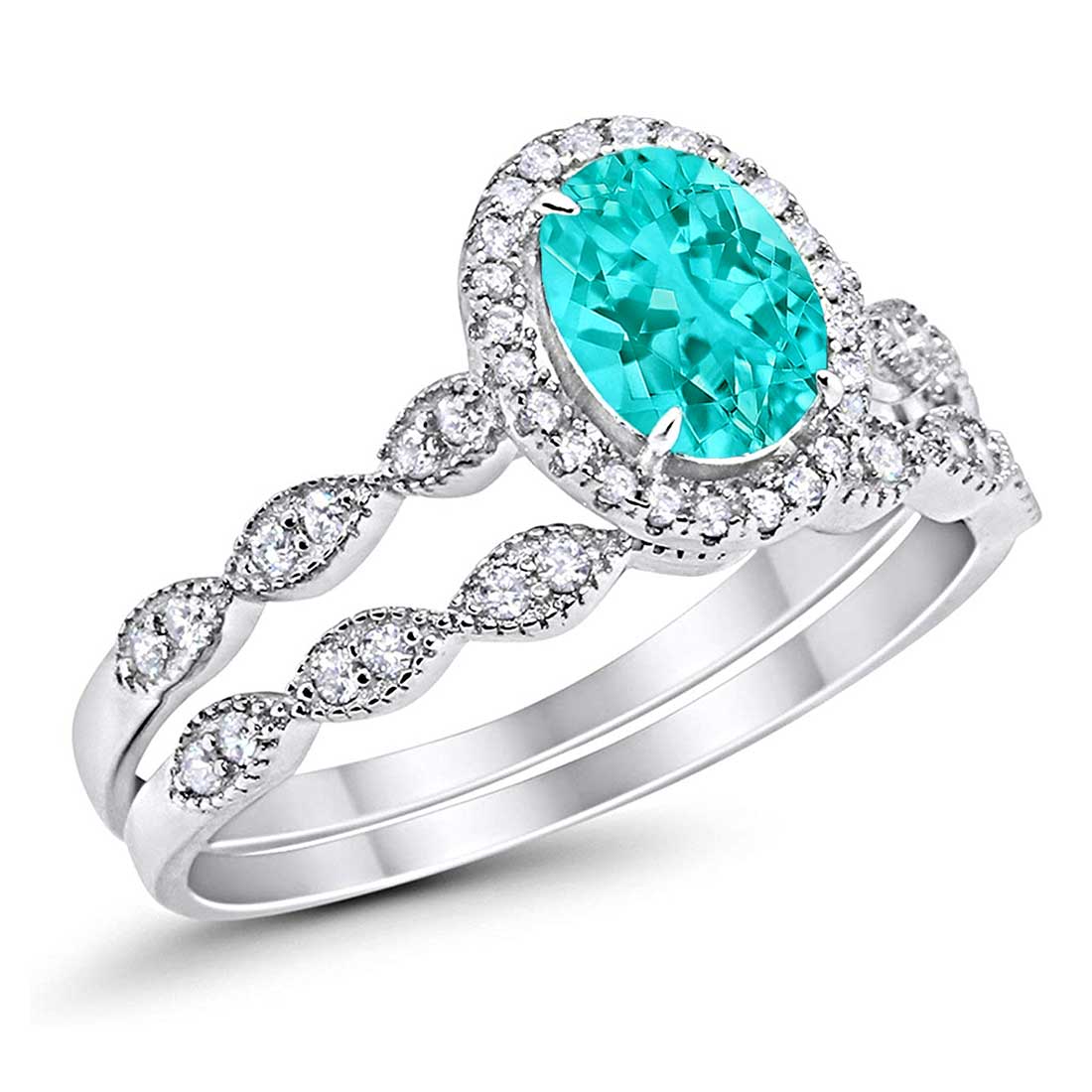 Halo Oval Art Deco Simulated Paraiba Tourmaline CZ Ring