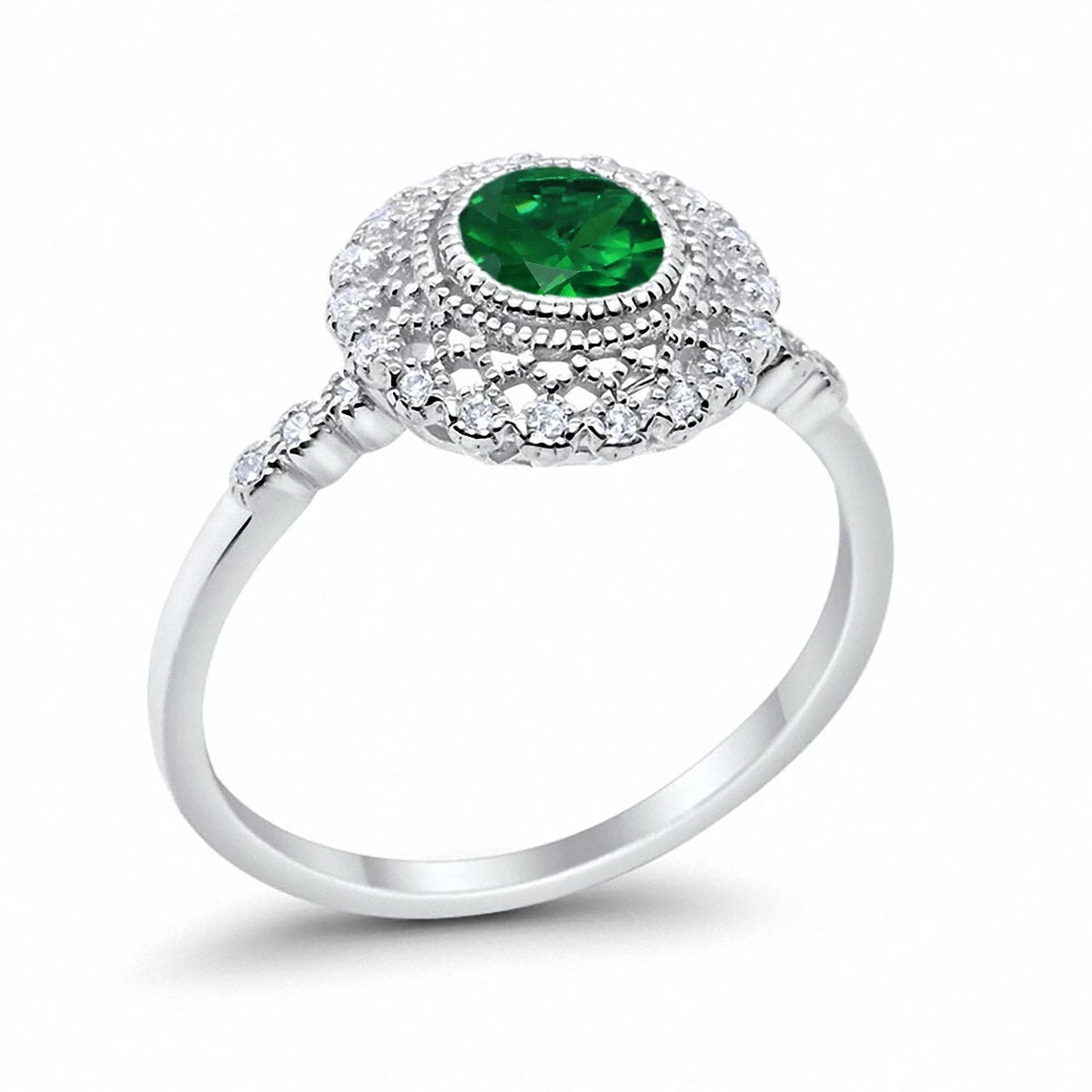 Halo Engagement Ring Bezel Round Simulated Green Emerald CZ