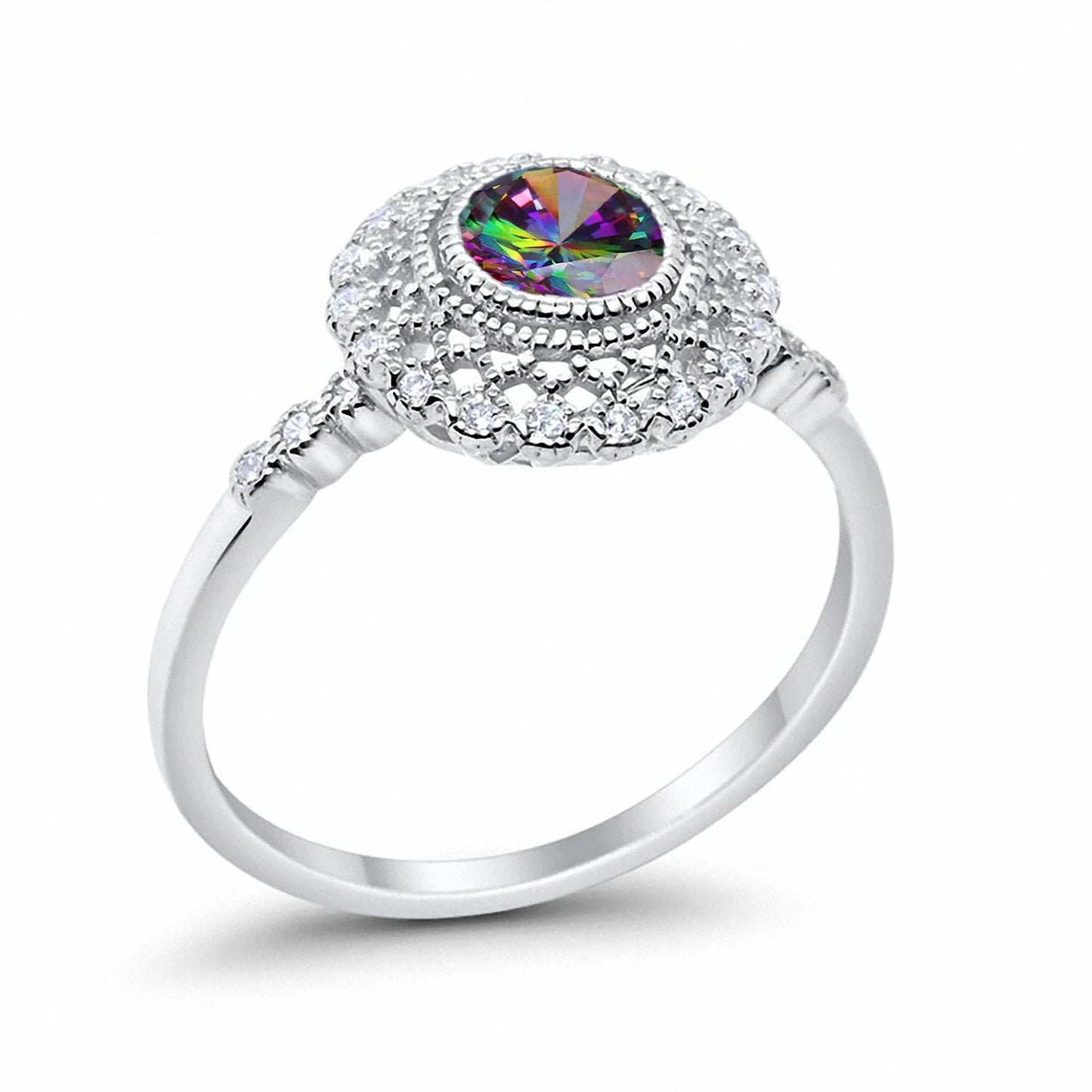 Halo Engagement Ring Bezel Round Simulated Rainbow CZ