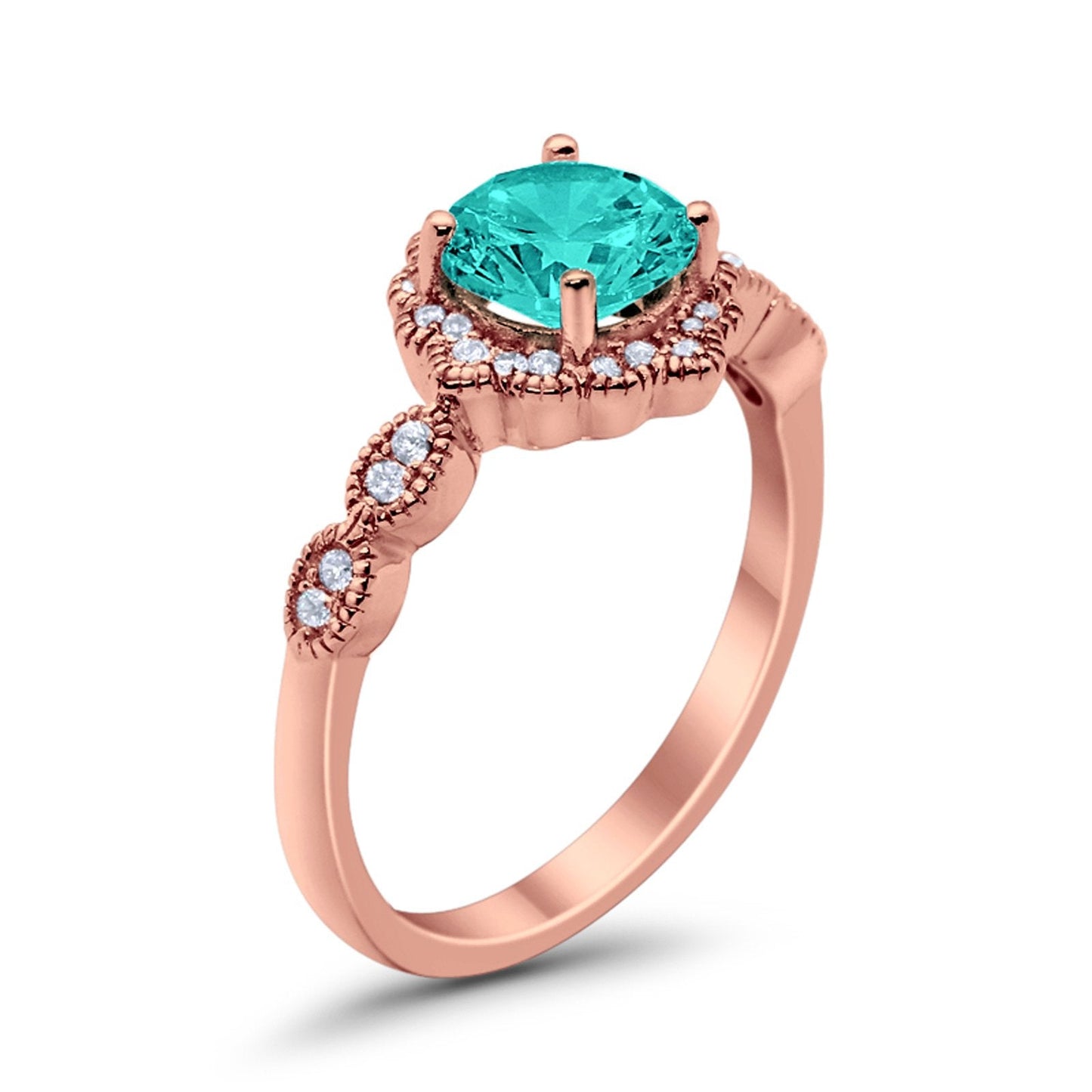 Floral Round Rose Tone, Simulated Paraiba Tourmaline CZ Wedding Ring