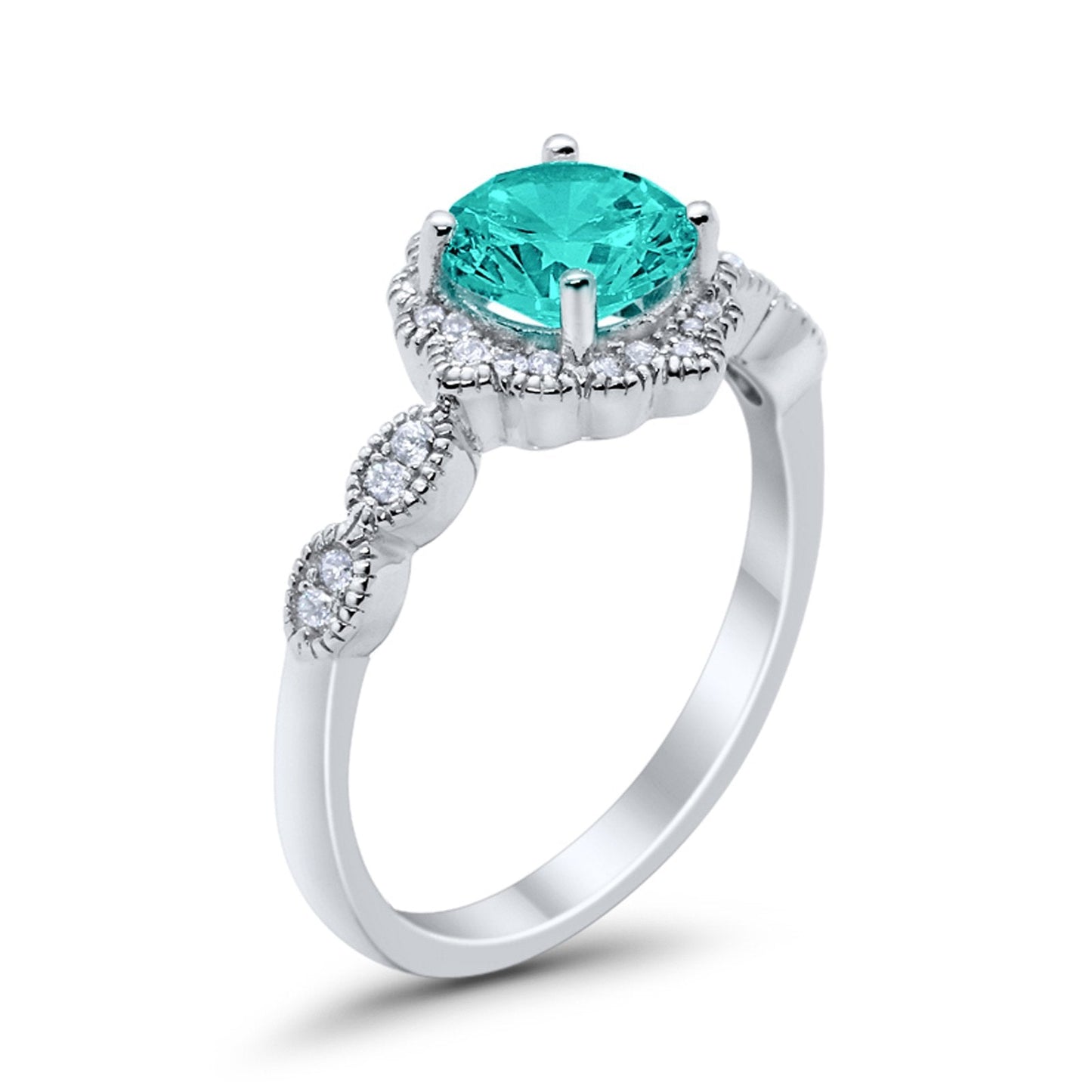 Floral Art Deco Simulated Paraiba Tourmaline CZ Engagement Ring