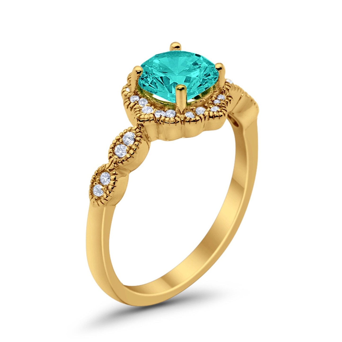 Floral Round Yellow Tone, Simulated Paraiba Tourmaline CZ Wedding Ring