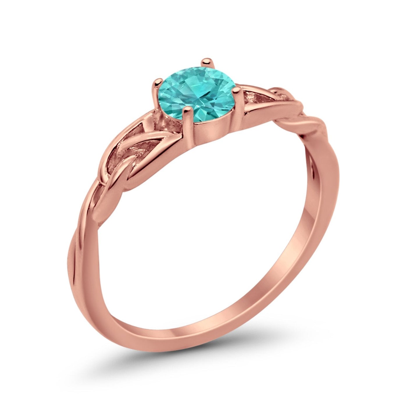 Solitaire Trinity Engagement Ring Rose Tone, Simulated Paraiba Tourmaline CZ